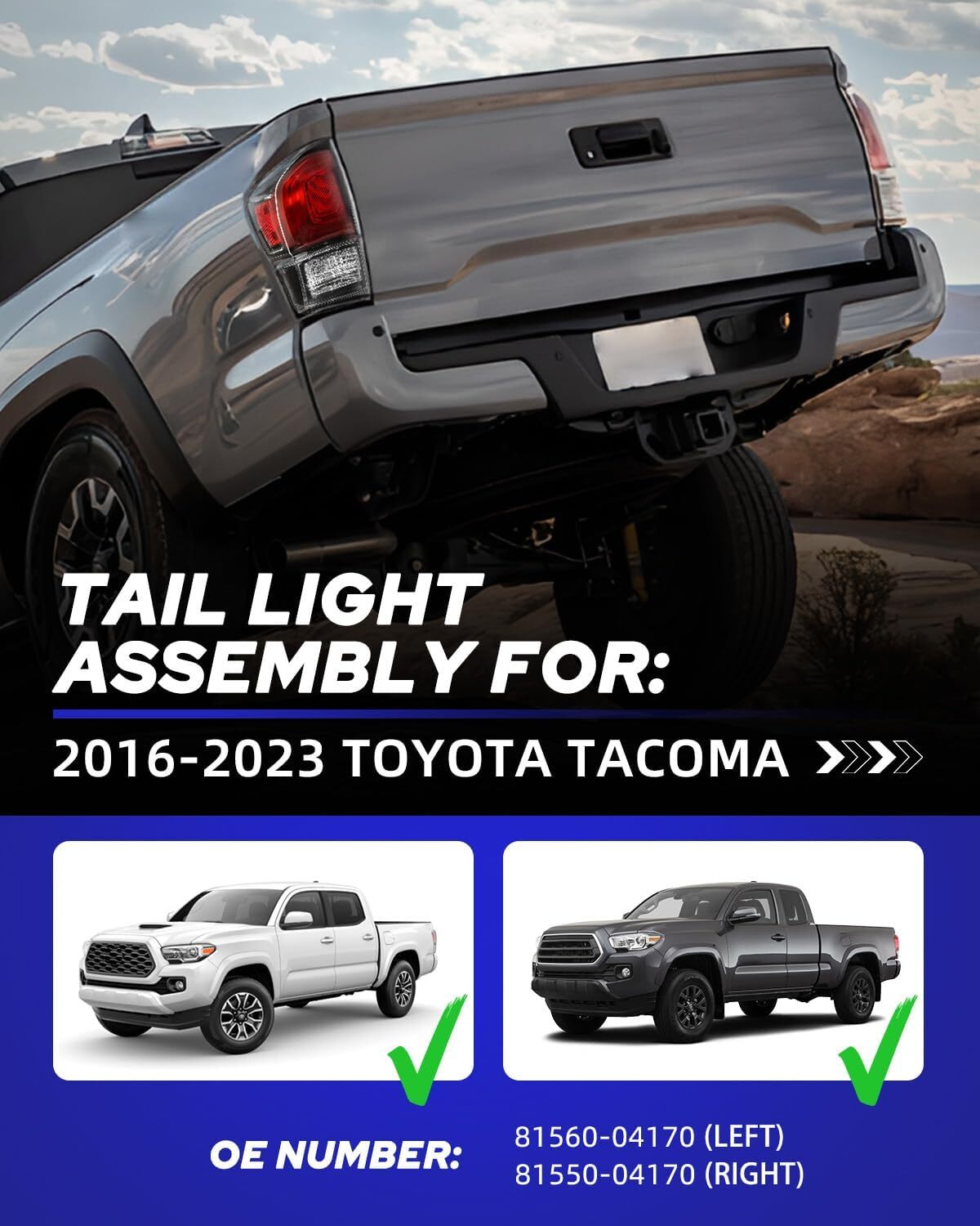 16-23 Toyota Tacoma Pickup Tail Lights Black Smoked Assembly Pair 81550-04170
