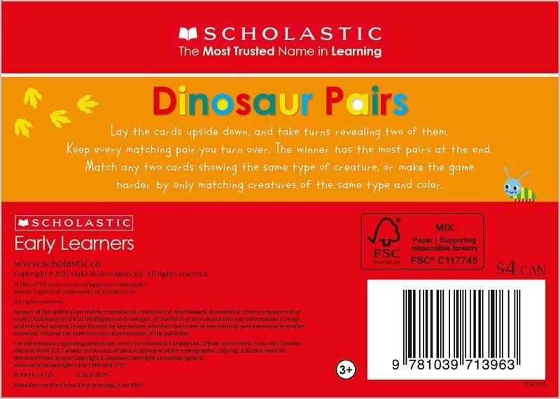 Scholastic Matching Card Game 36 Cards Dinosaur or Rhyming Pairs Pre-K