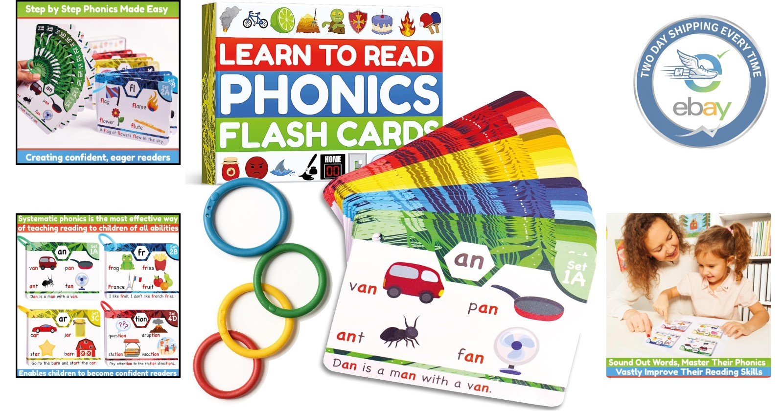 Phonics Flash Cards for Kids Ages 4-8 – 62 Fun Cards & Sorting Rings Included