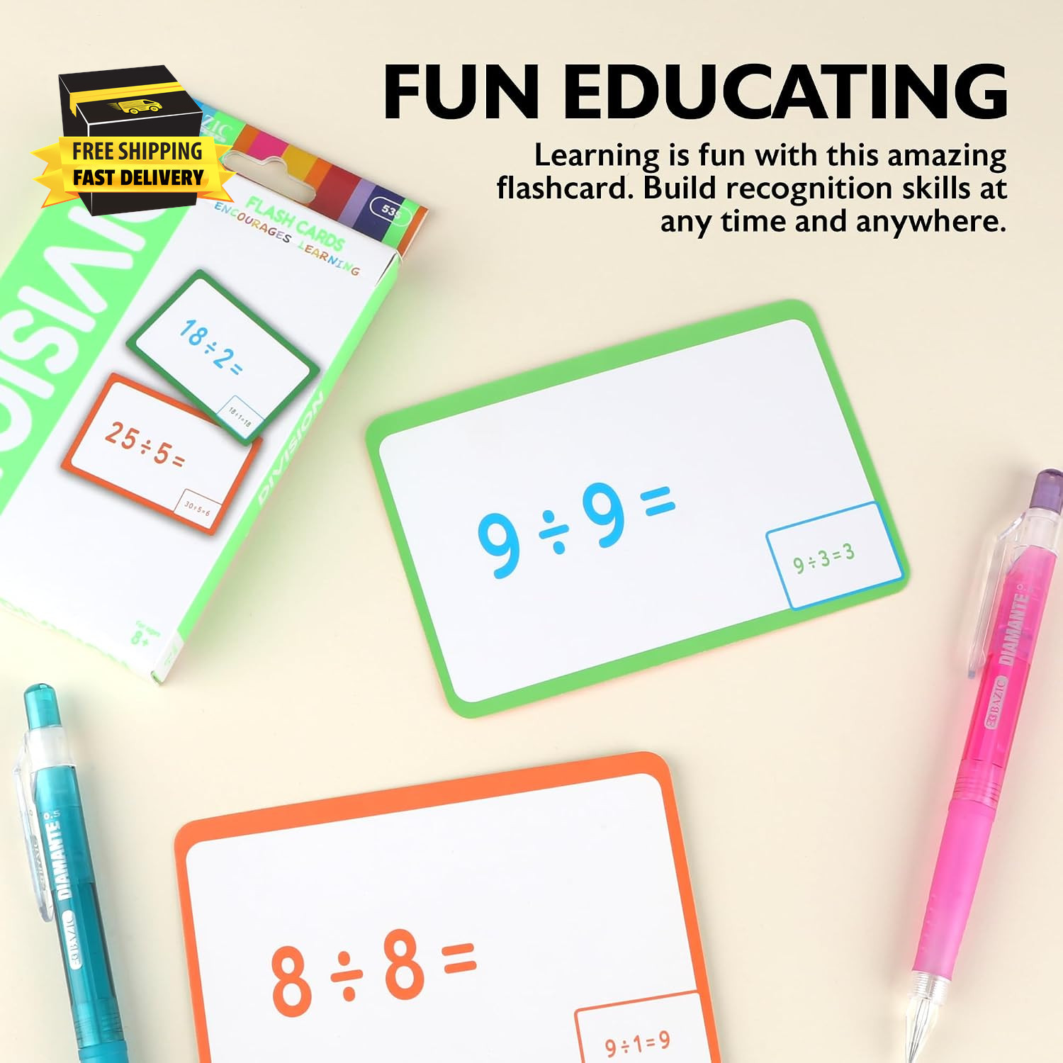 BAZIC Division Flash Cards (36/Pack) | Answer Printed on Each Card for Self-Chec