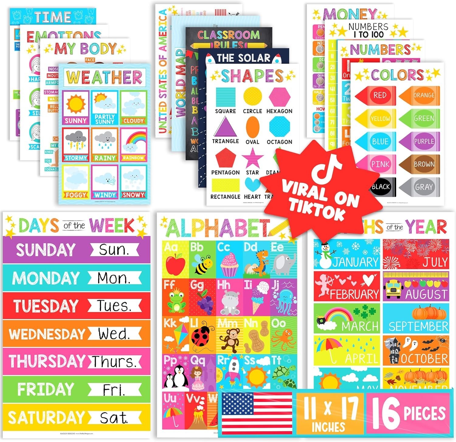 16 Educational Posters for Classroom Must Haves – Laminated Pre-K Posters for…