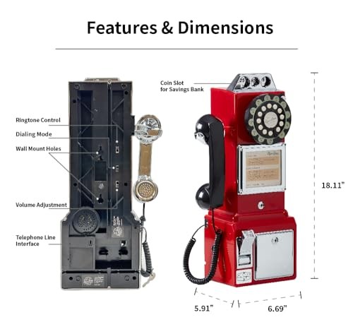 Ryan Bros. American Retro 1950’s Payphone with Coin Bank Wall-Mount Corded Red