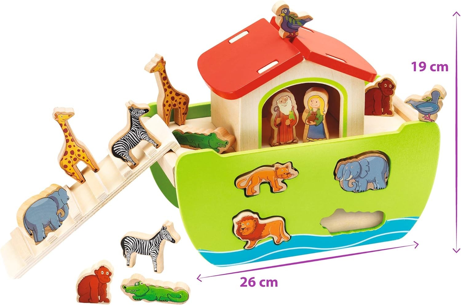 Wooden Noah’s Ark Multi-Colour Shape Sorter Toy with 16 Colourful Animal Shapes