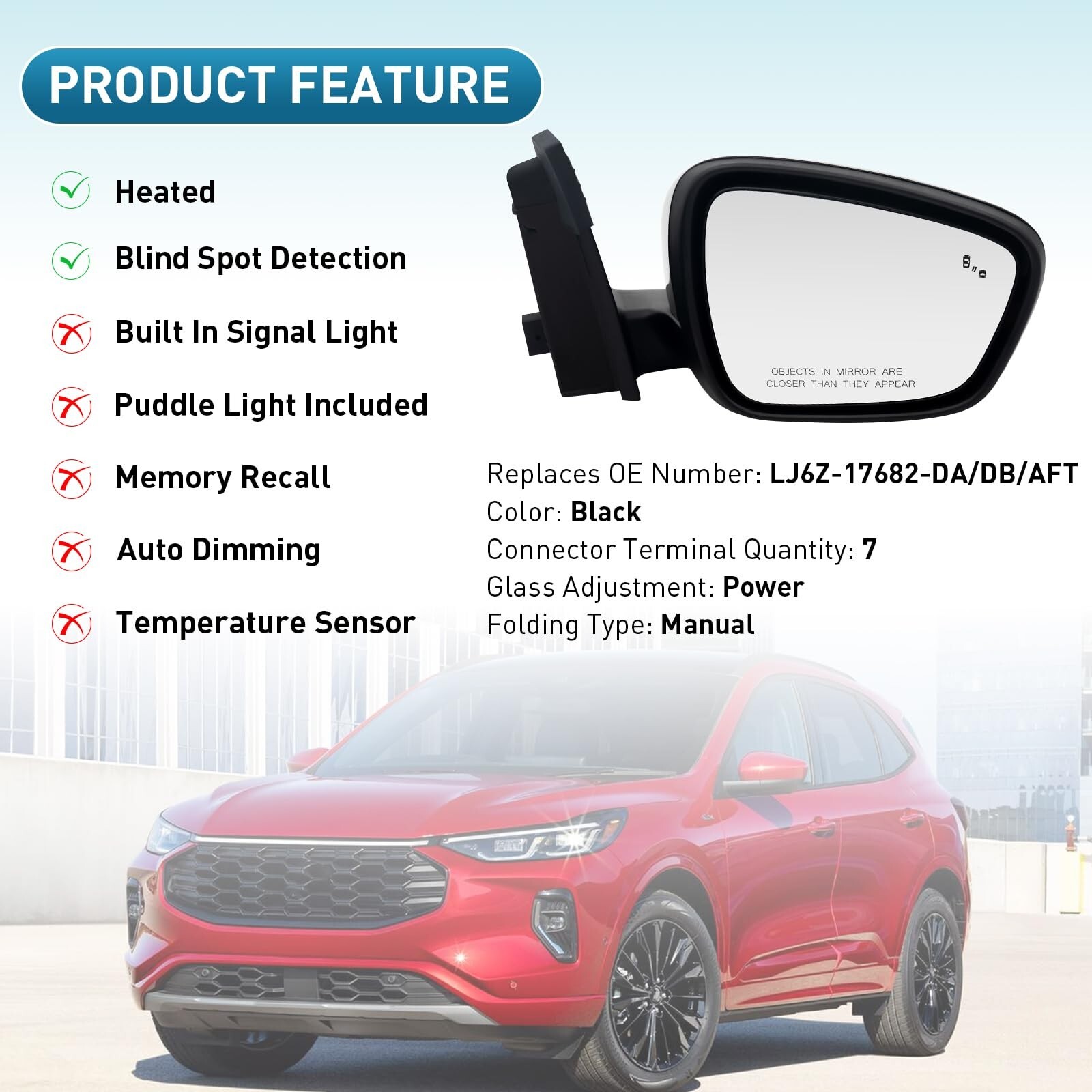 Passenger Side Mirror Compatible With Ford Escape SE/SEL 2020-2023 7-Pins Wit…