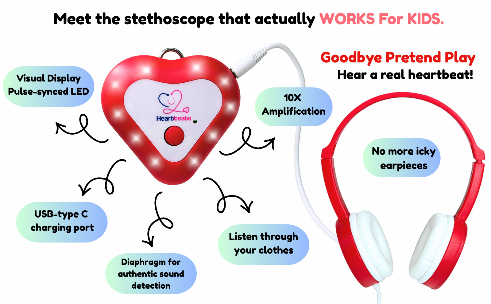 Heartbeats Electronic Stethoscope Toy w/ LED Display & 10X Sound Amplification