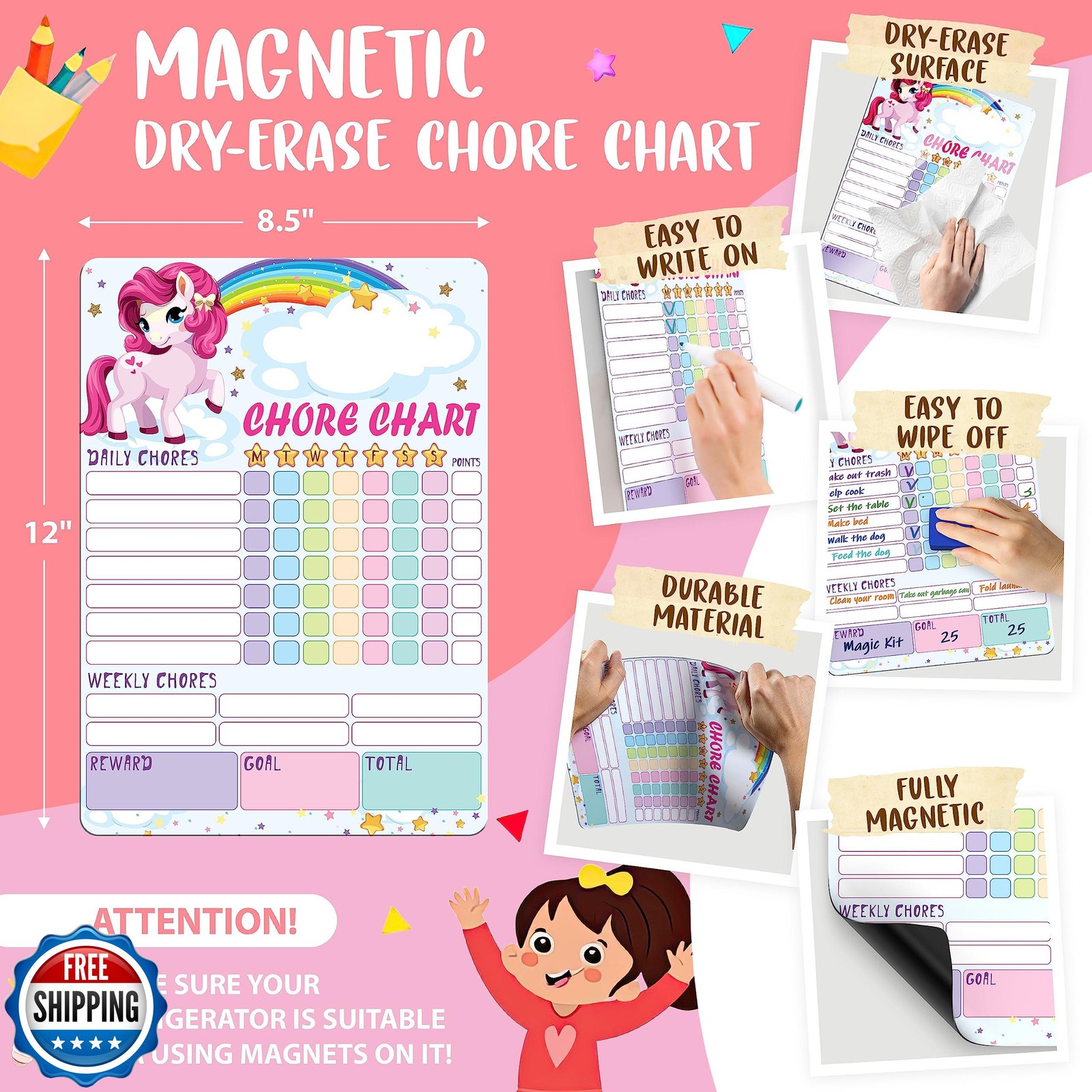 Magnetic Chore Chart for Kids 8.5×12 (A4) – Dry Erase Chore Chart Magnetic –