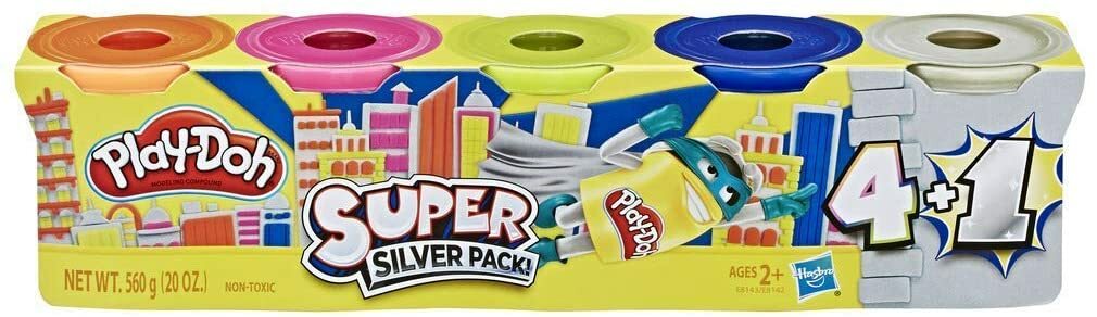 Play-Doh Super Silver Pack of 5 Non-Toxic Colors Including 1 super silver Can