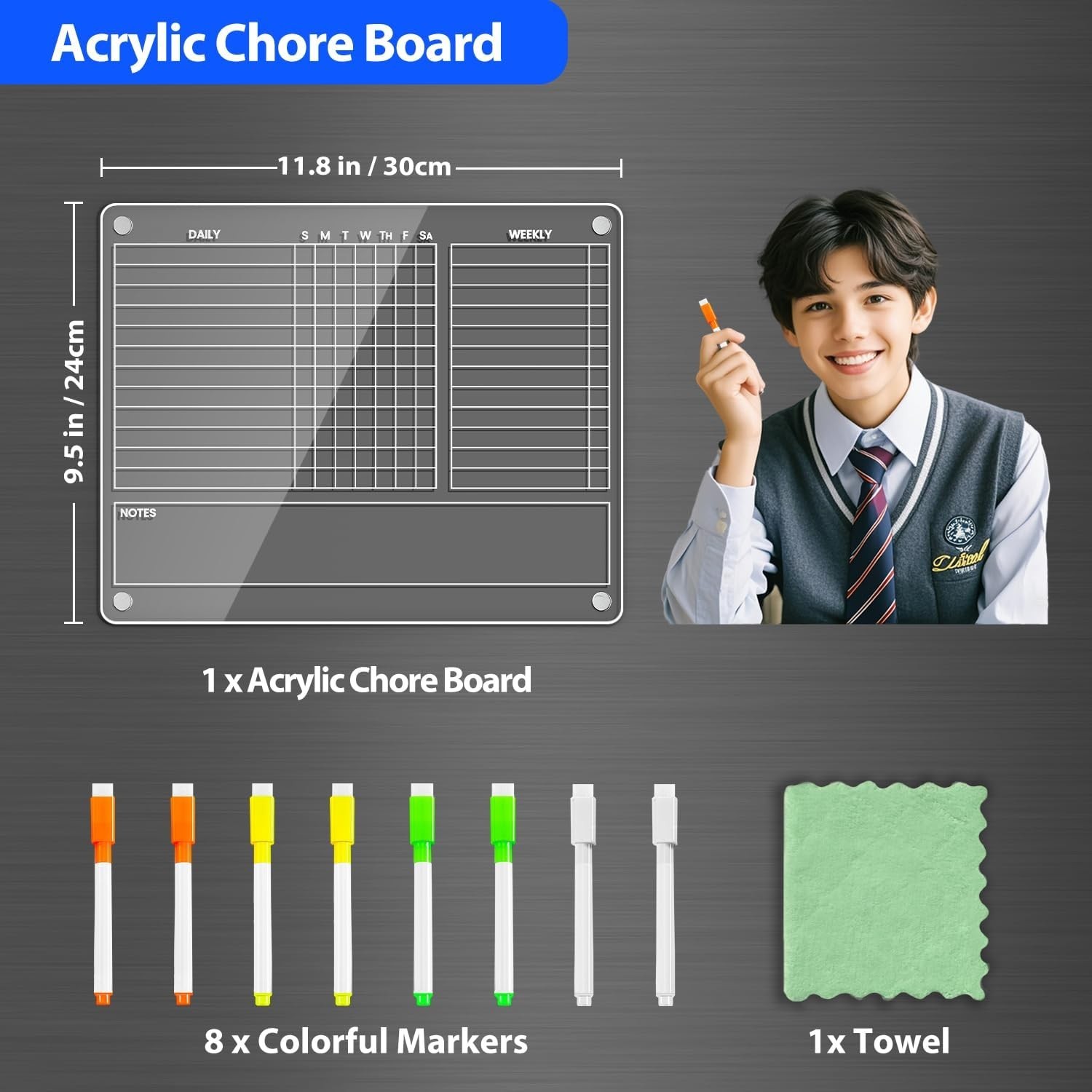 Family-Friendly 12’x9.5′ Magnetic Chore Board with Vibrant Markers & Towel