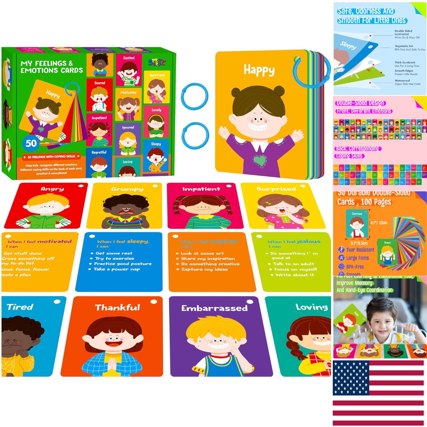 Double-Sided Kids Emotion Flashcards – 50 Cartoon Faces & Skills for Therapy