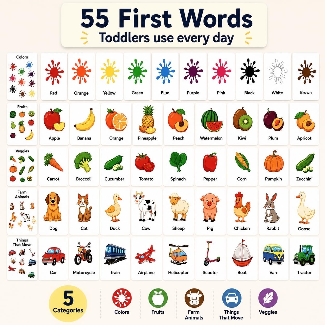 Durable Flash Cards for Toddlers 1-3 – 55 Learning Cards, First Words, Montessor