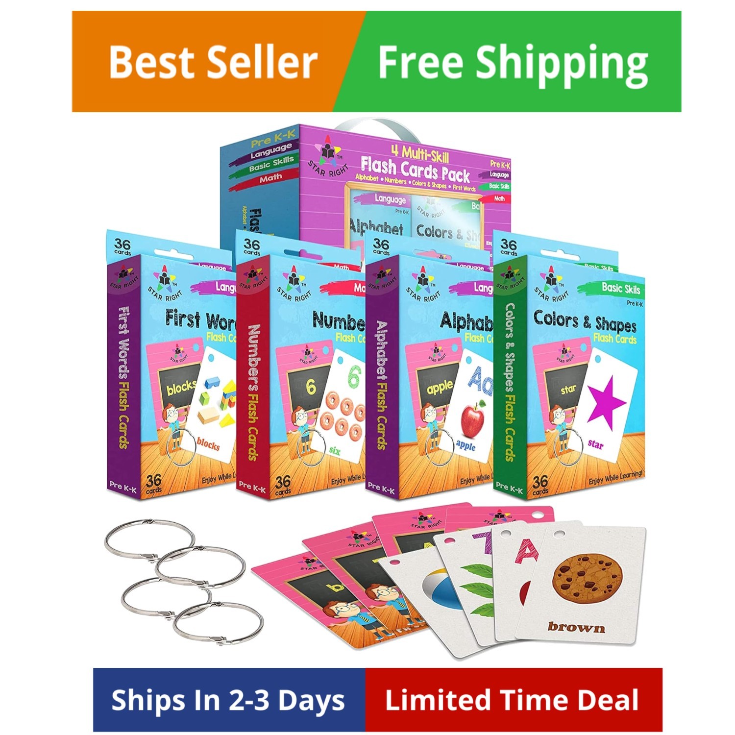 Flash Cards Set of 4 – Numbers, Alphabets, First Words, Colors & Shapes – Val…