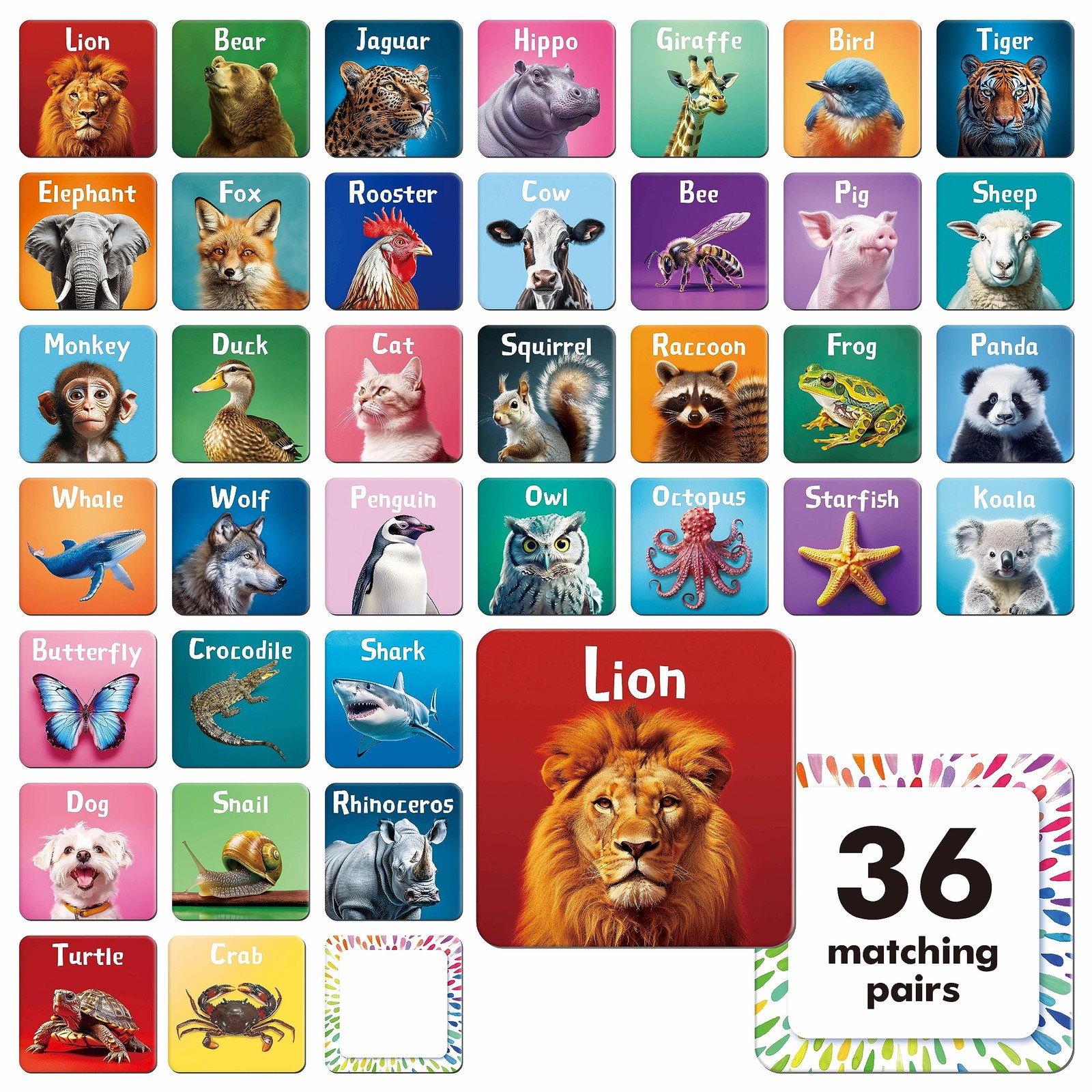 Memory Matching Game Real Animal 72 PCS 36 Pairs for 4 5 6 Years Old Toddlers