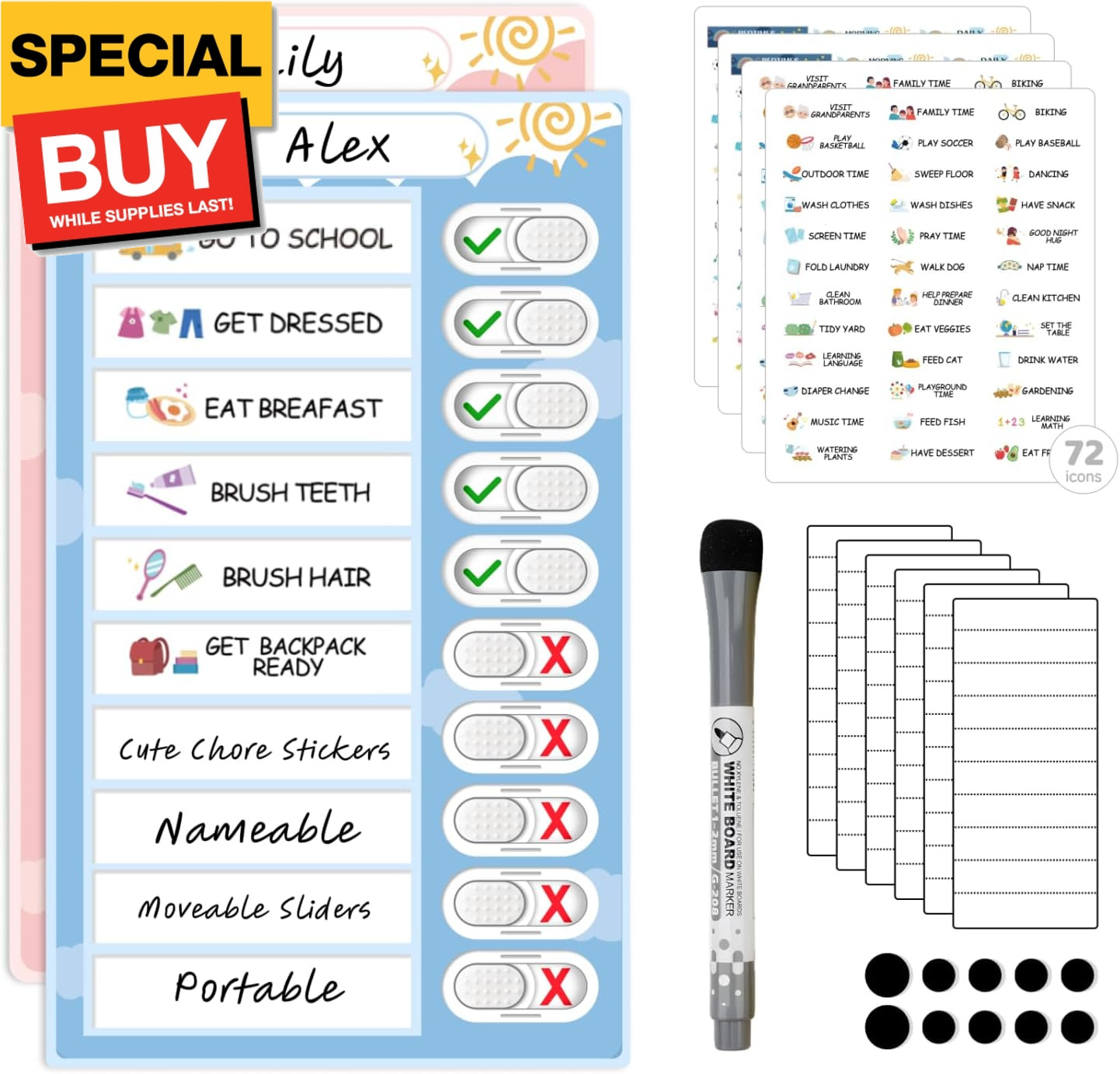 2 in 1 Namable Chore Chart for Kids, Dry Erase Morning/Bedtime Routine Chart for