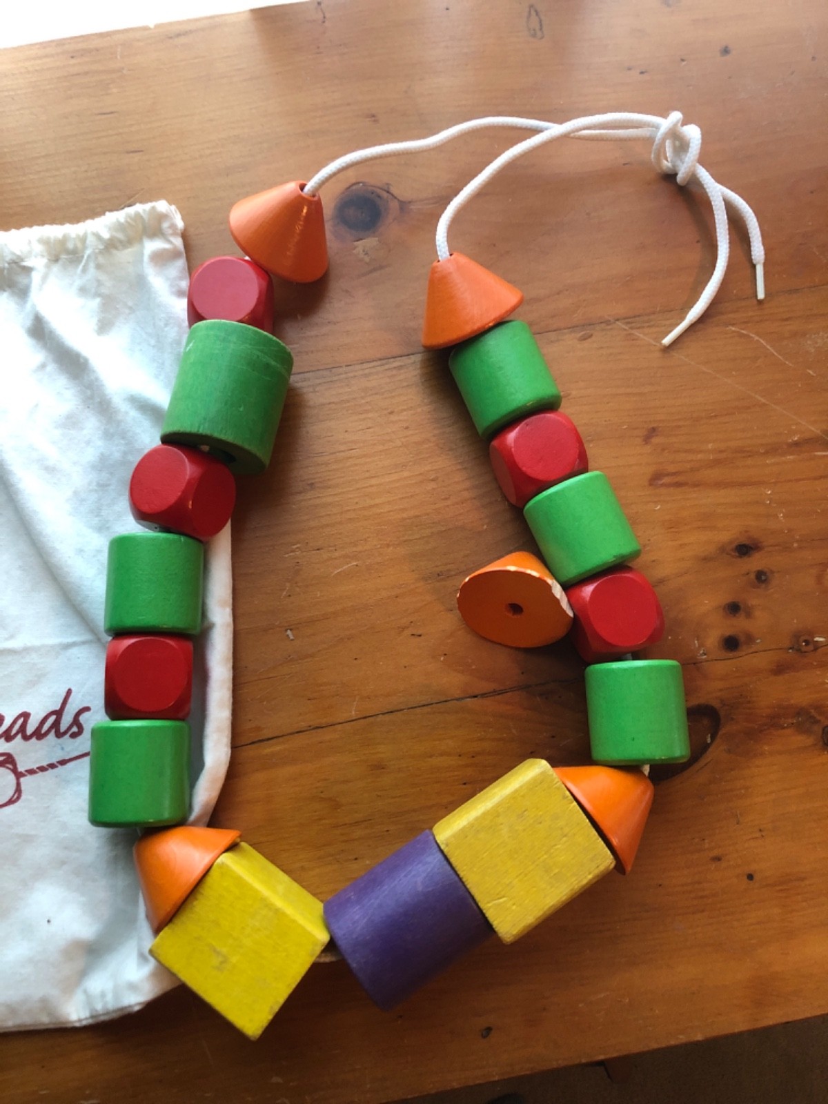 Set of 31 Jumbo Rainbo Lacing Beads Wooden Shapes Colors w/ Strings& Storage Bag