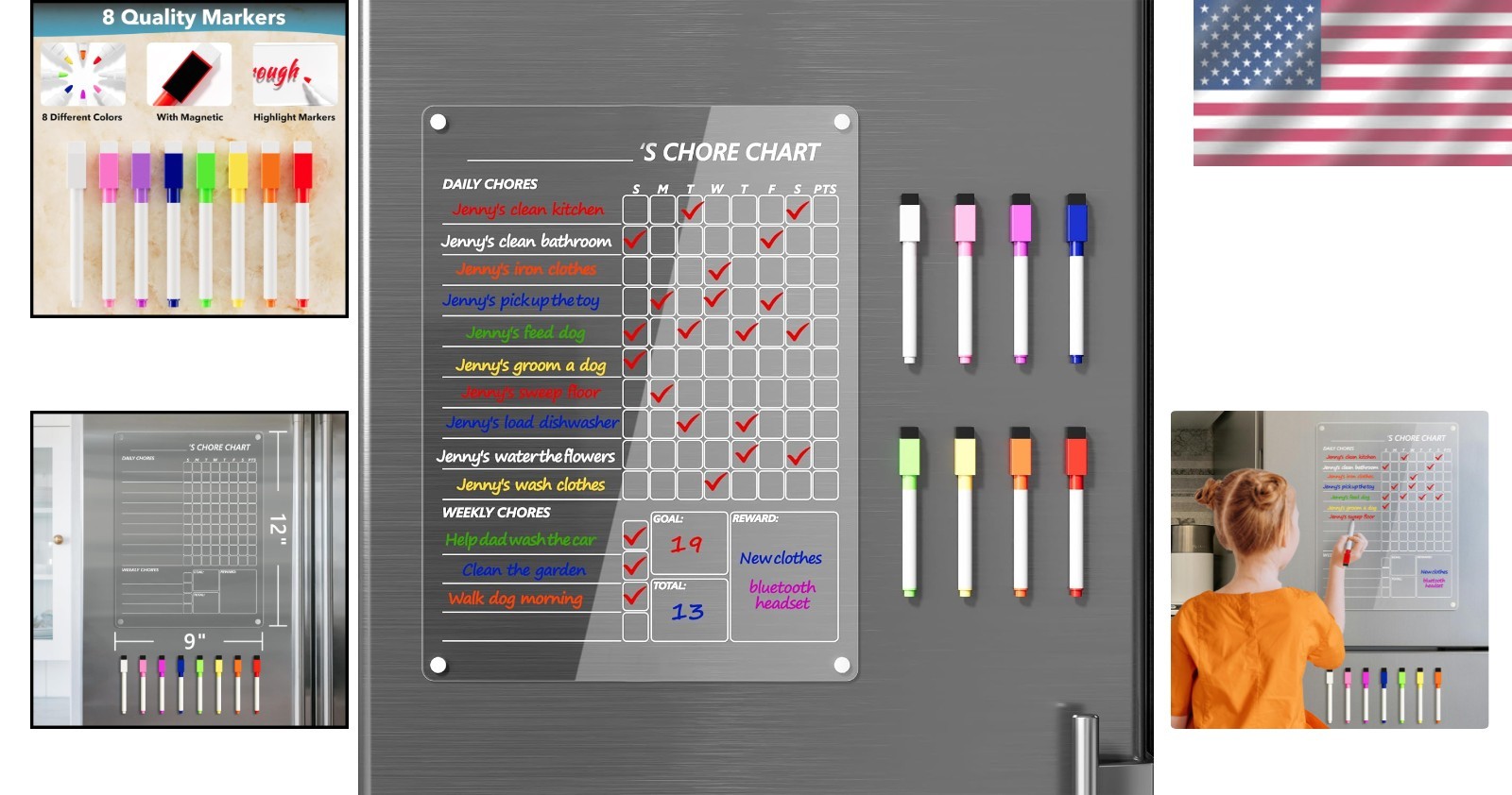 Stylish 12”x9” Acrylic Dry Erase Chore Chart with 8 Color Markers for Families