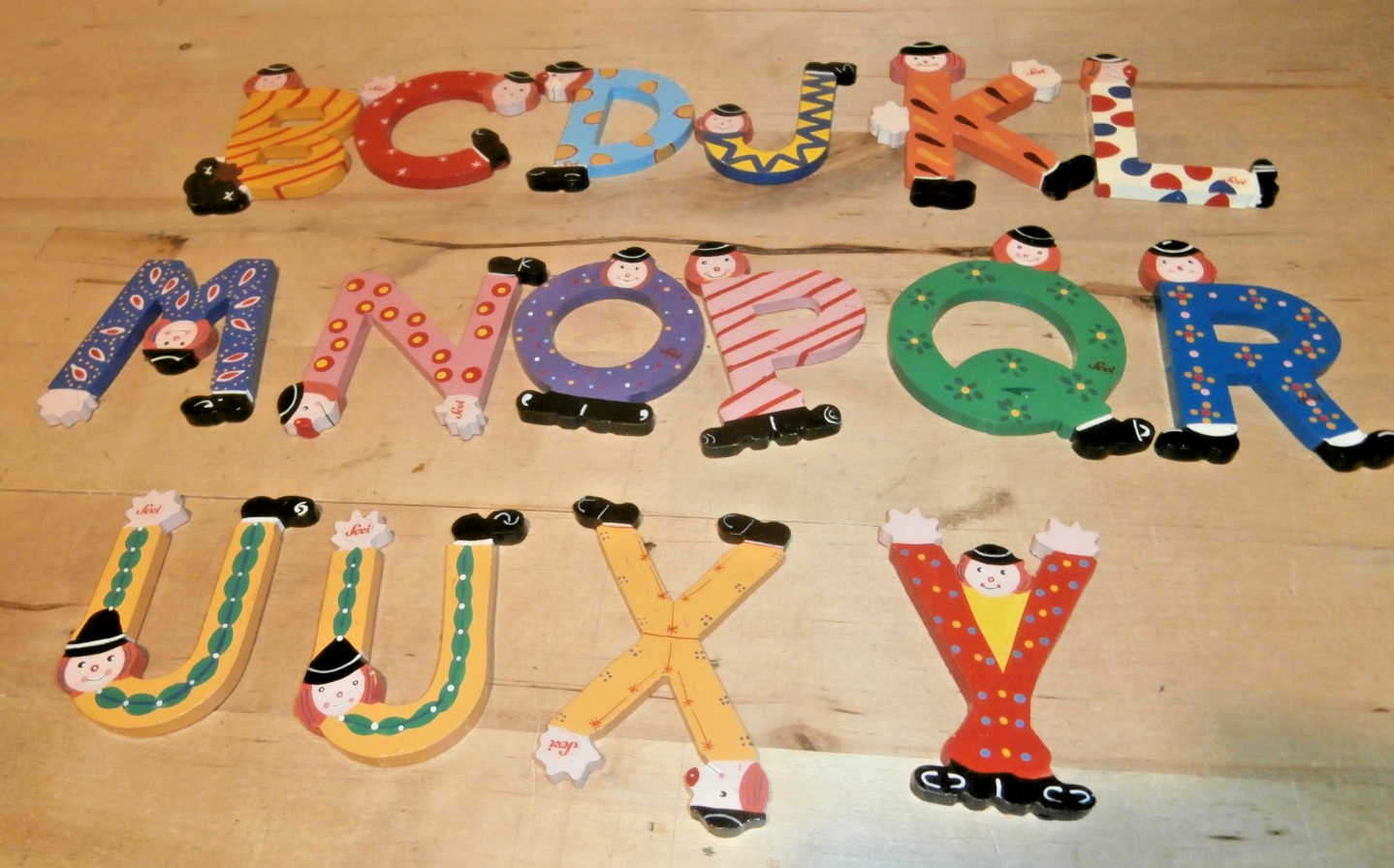 Sevi Italy 16 vintage handpainted alphabet letters whimsical wood clowns Mint
