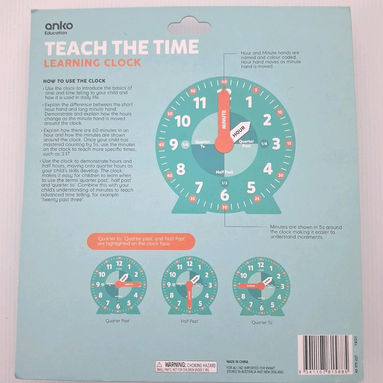 Teach The Time Learning Clock 20cm Educational Teaching Toy Kids Age 4+ New Anko