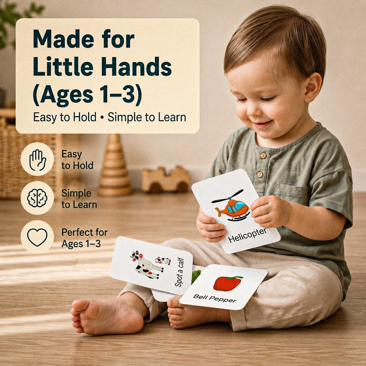 Durable Flash Cards for Toddlers 1-3 – 55 Learning Cards, First Words, Montessor