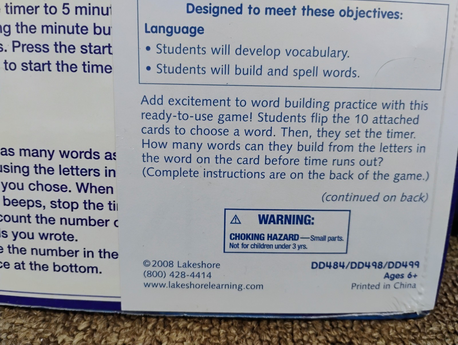 HTF NEW Vintage 2008 Lakeshore Beat the Clock Timer Word Building Game