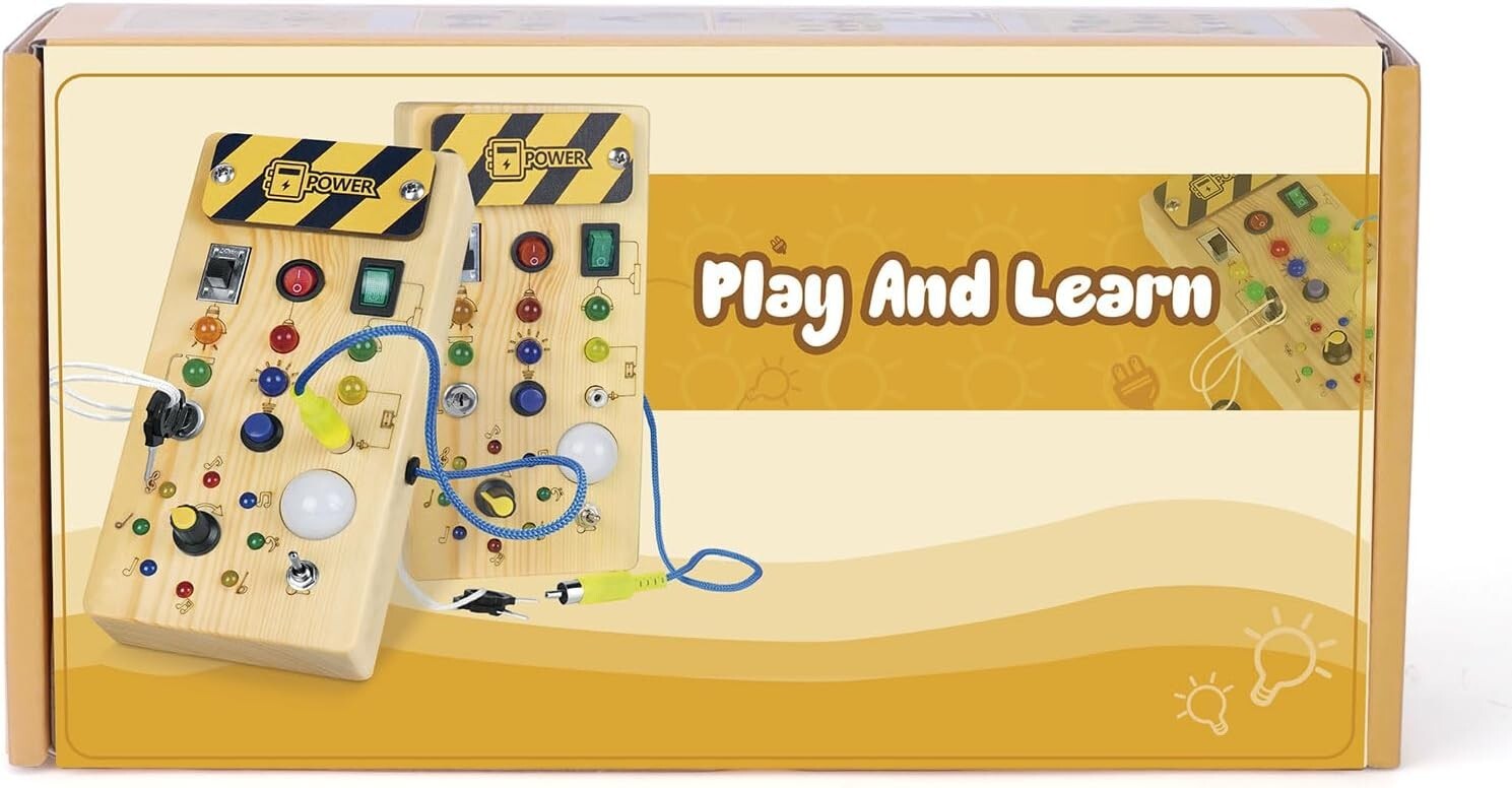 Handcrafted Montessori Busy Board for Ages 1+, 8 LED Lights for Sensory Learning