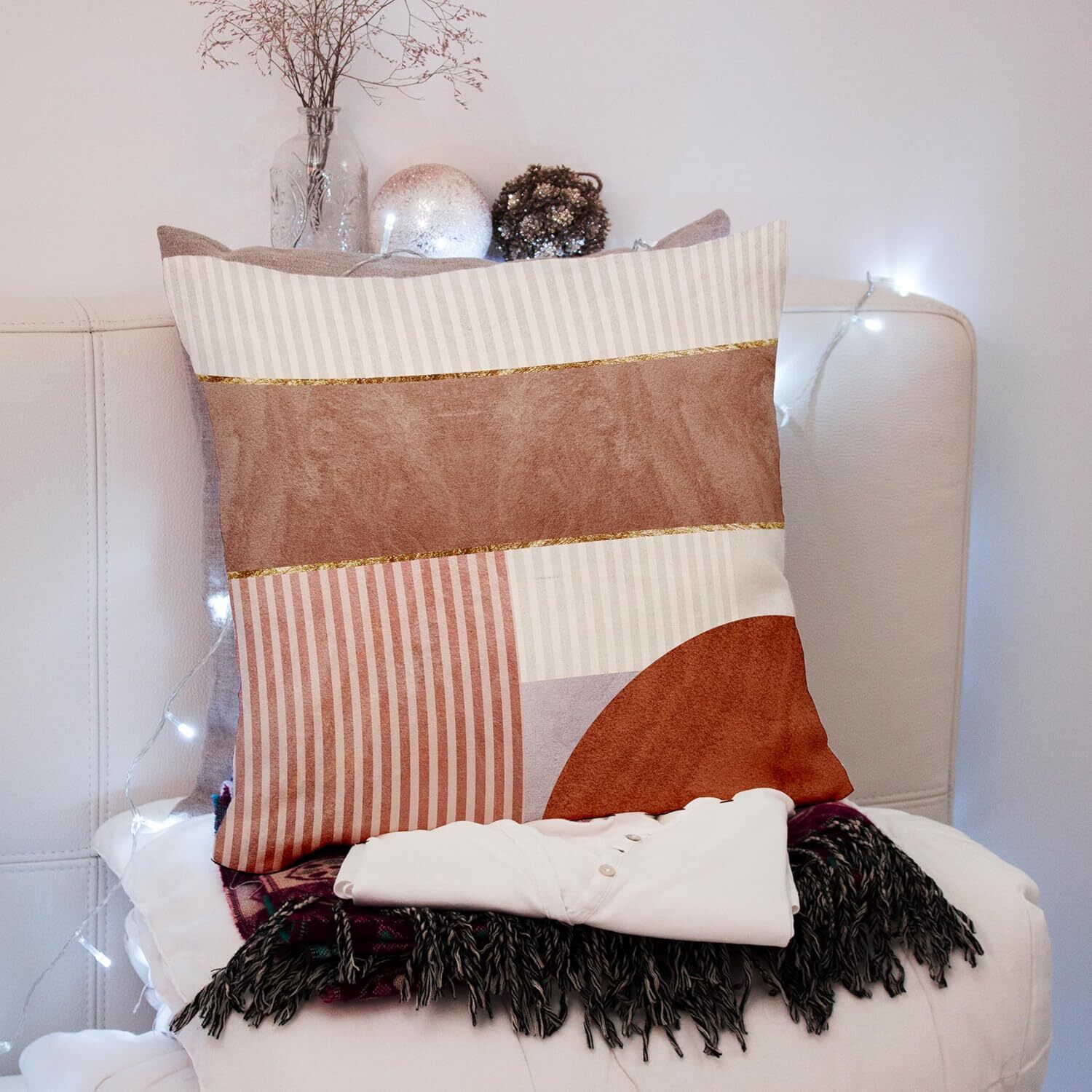 Nogrit Boho Pillow Covers 18×18, Abstract Neutral Beige and Rose, Mid Century
