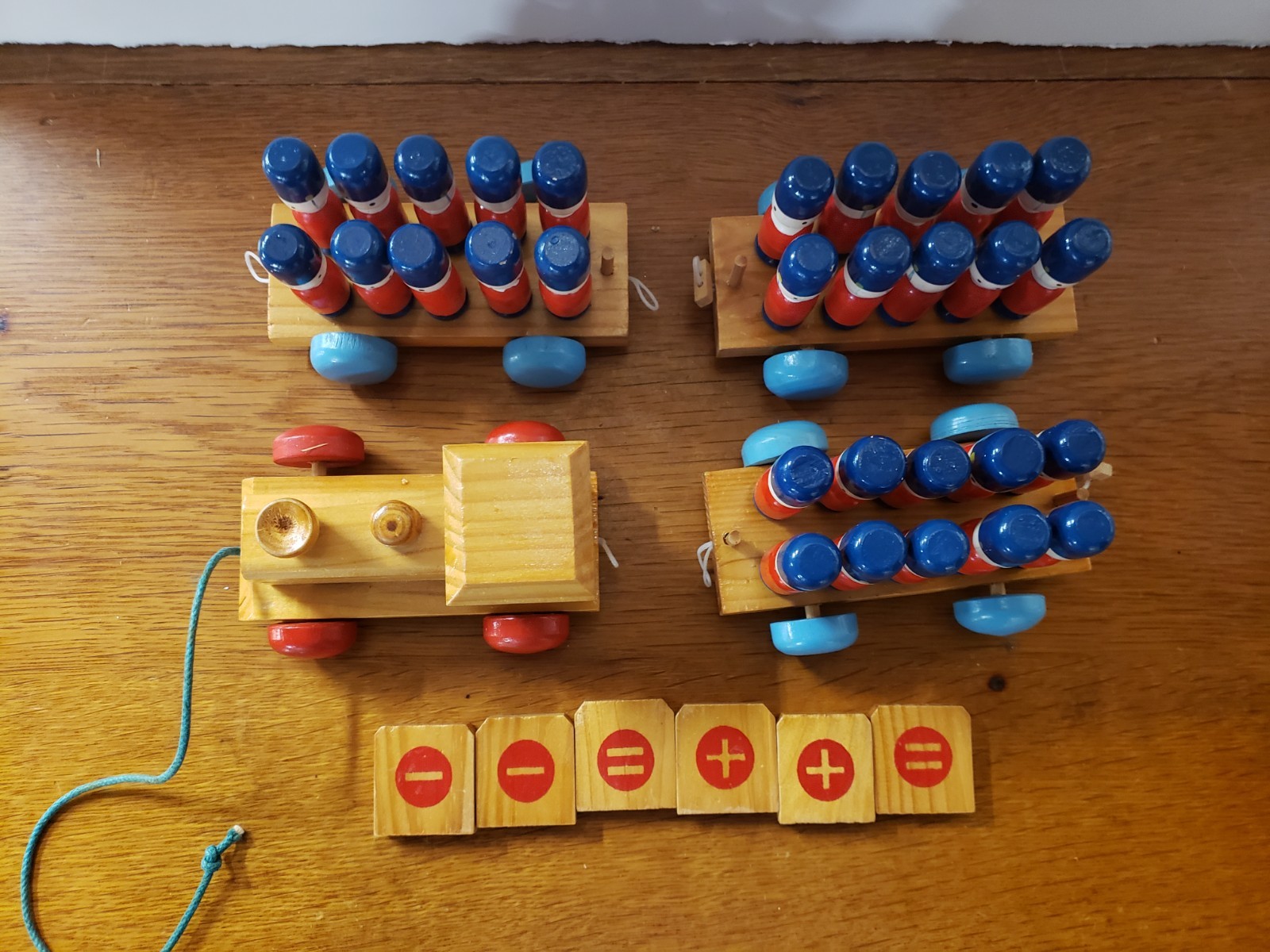 Vintage Wooden Toy Soldiers Counting Math Learning Pull String Train