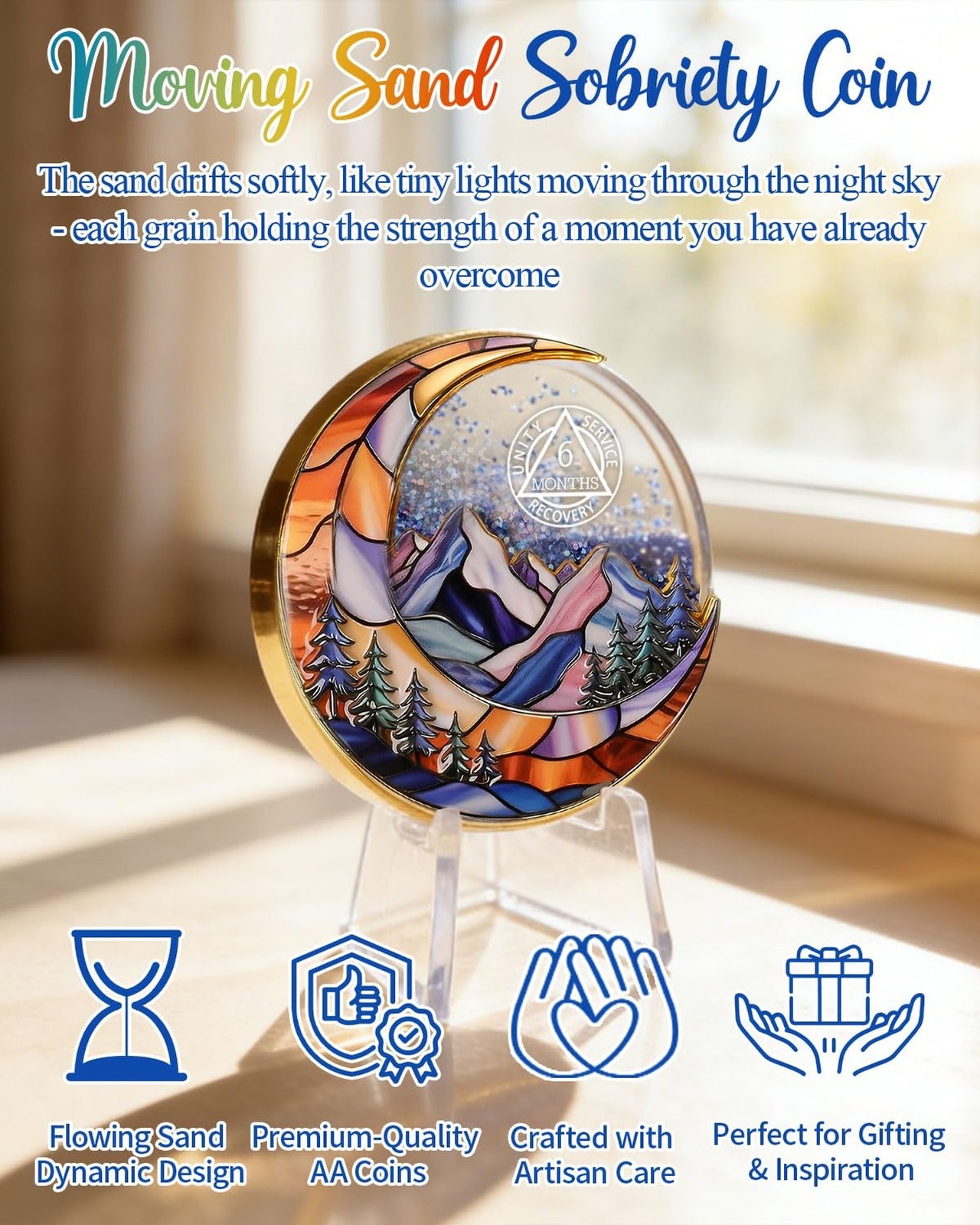 Moving Sand 180 Day Sobriety Coin – Liquid Glitter 6 Month AA Medallions, Six…