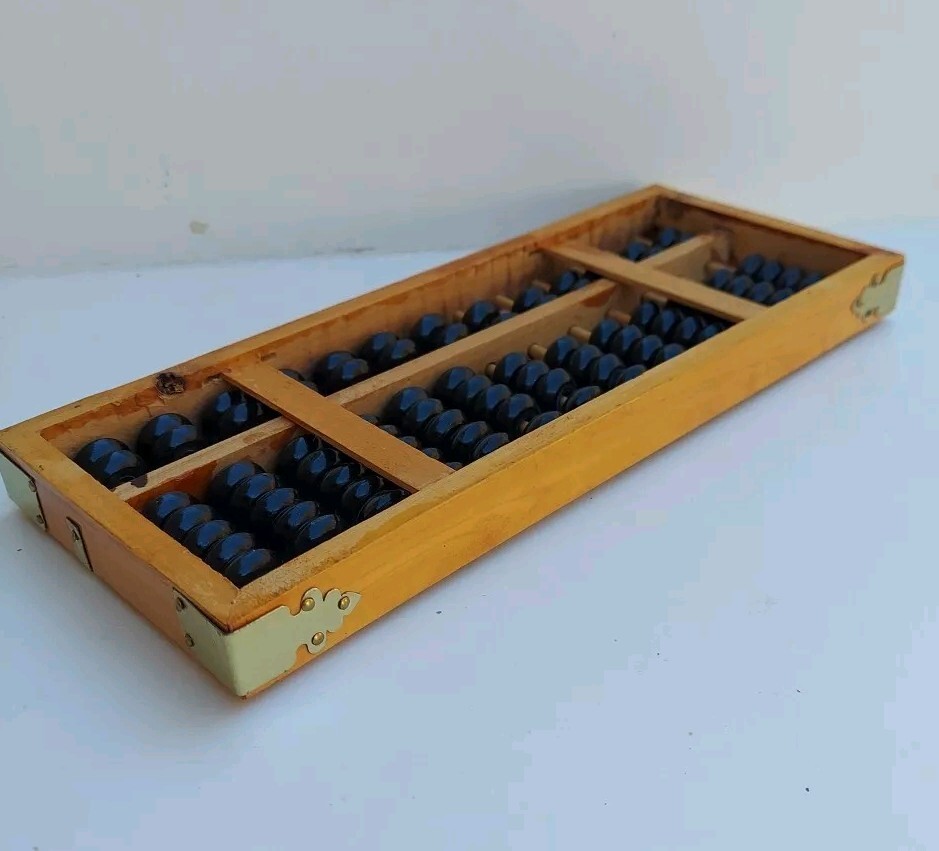 Vintage Abacus 13 Column Wood Calculator 7 Bead Rows 9½ X 4″ Metal Corners