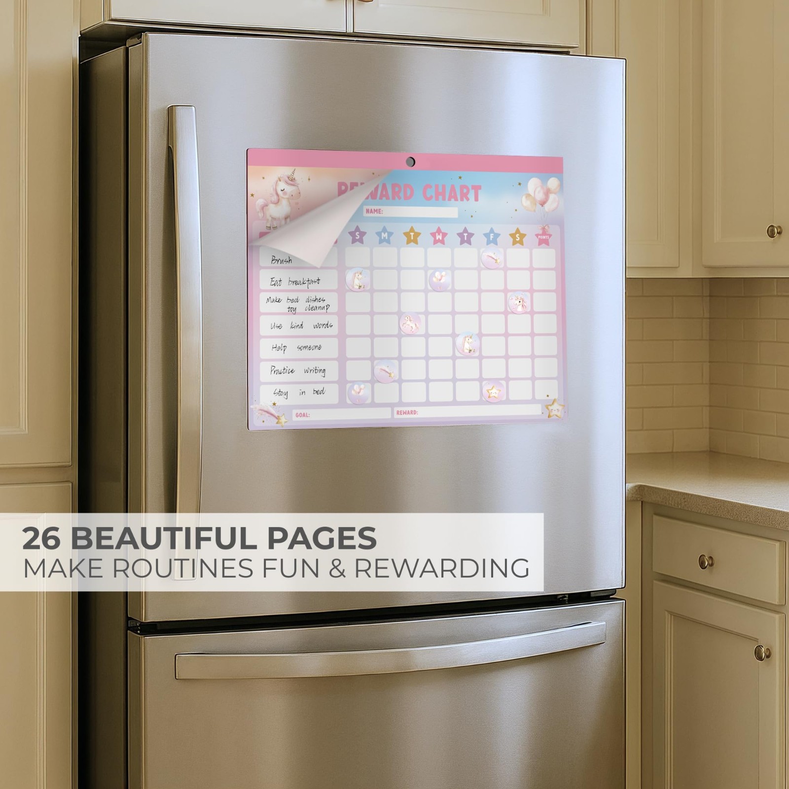 Magnetic Reward Chart for Kids – Motivational Chore Chart with Stickers, Unicorn