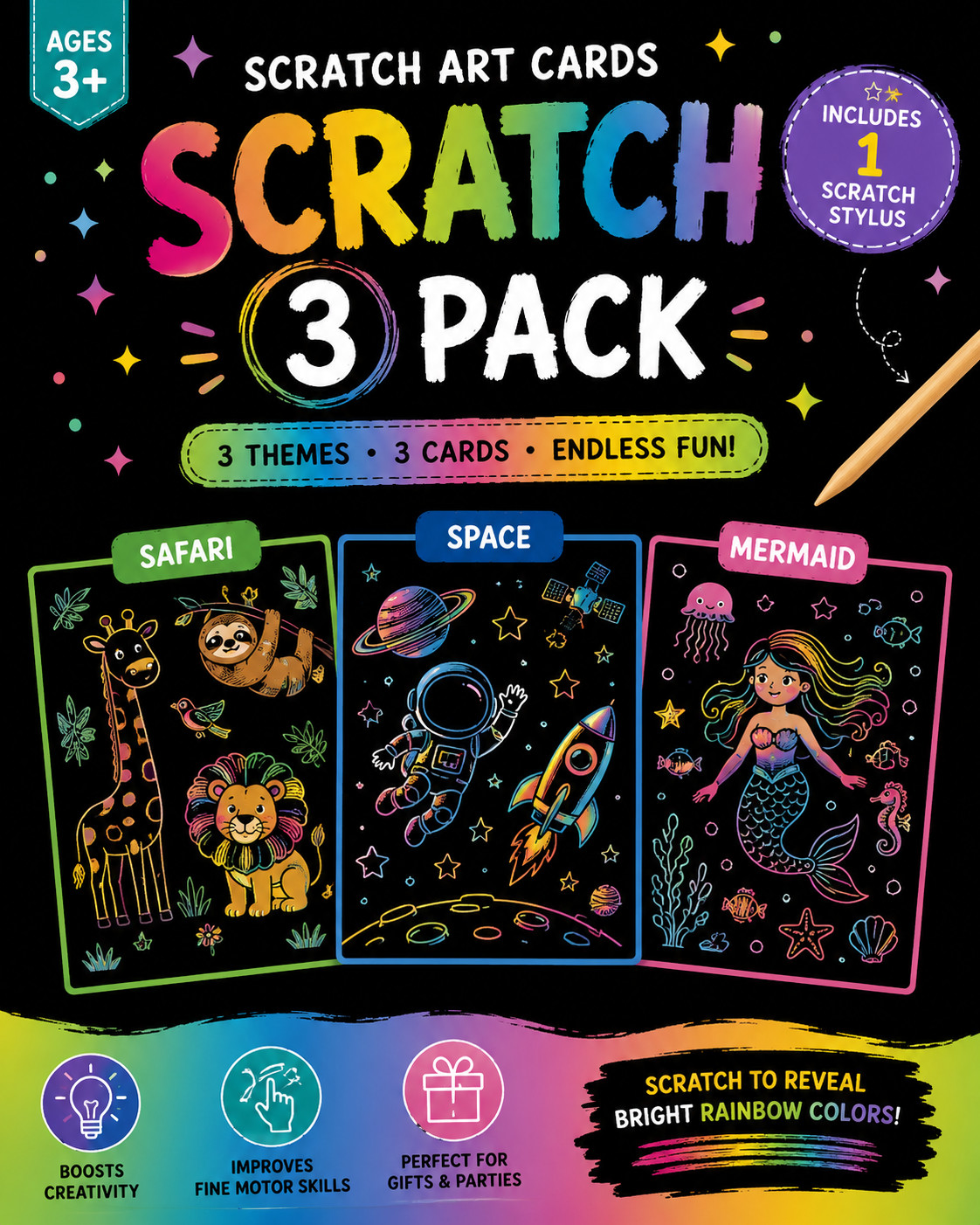 3 PCS Scratch Art Card Set Kids DIY Craft Activity Safari Space Mermaid