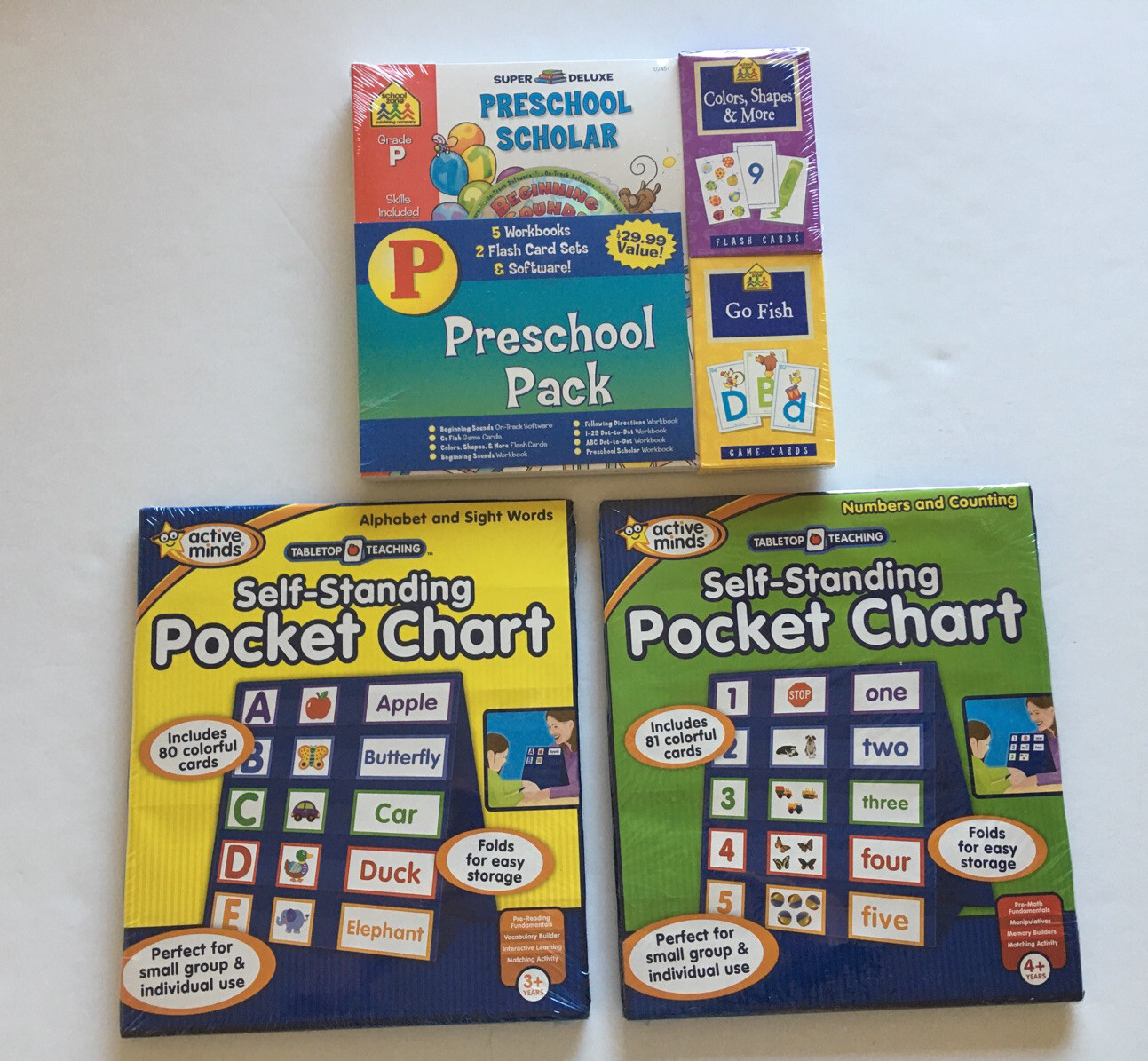 Preschool Learning Lot of 3: 1 Preschool Pack & 2 Standing Pocket Charts New