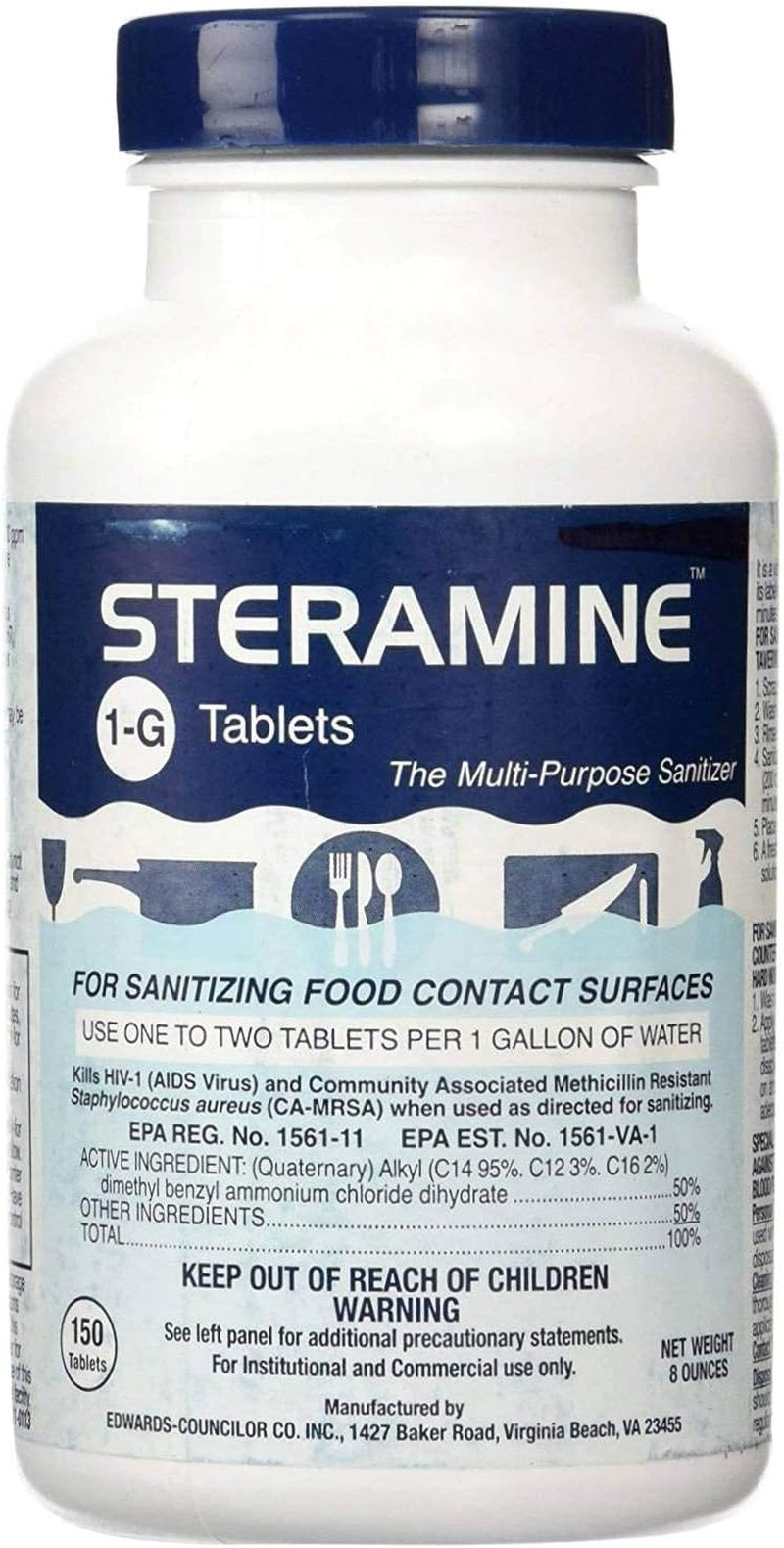 Edwards-Councilor S150E48 Steramine Sanitizer Tablets (Sanitabs) 150 Count Bottl