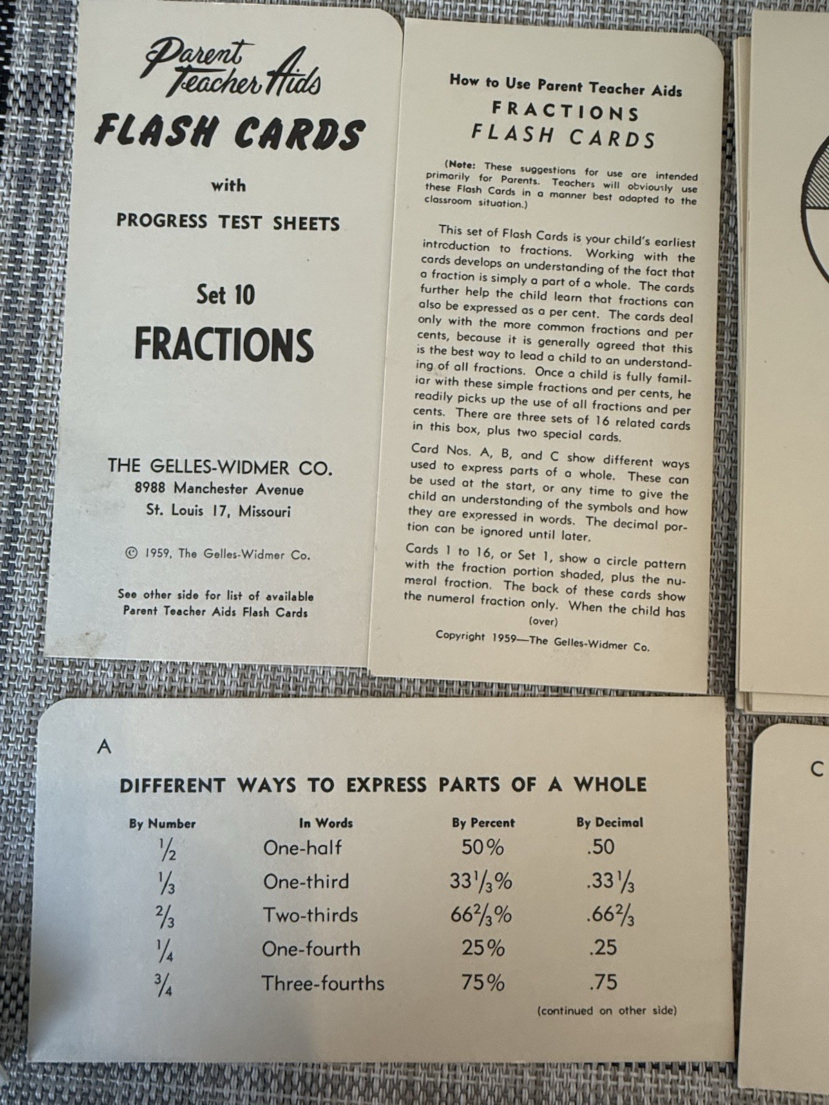 Fractions Flash Cards Learn With Parent Teacher Aid Numbers Math Arithmetic 1959