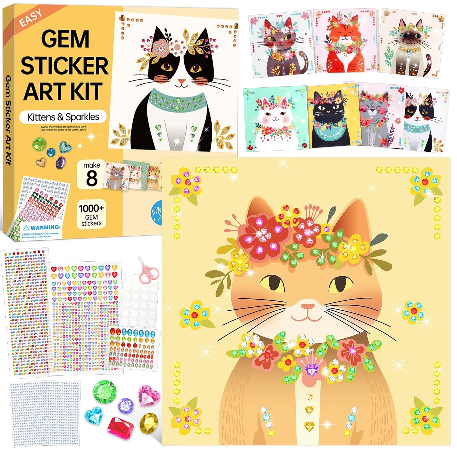 Gem Art Sticker Kit, Arts and Crafts for Kids Age 4-12, 8 Cat Themes Diamond …
