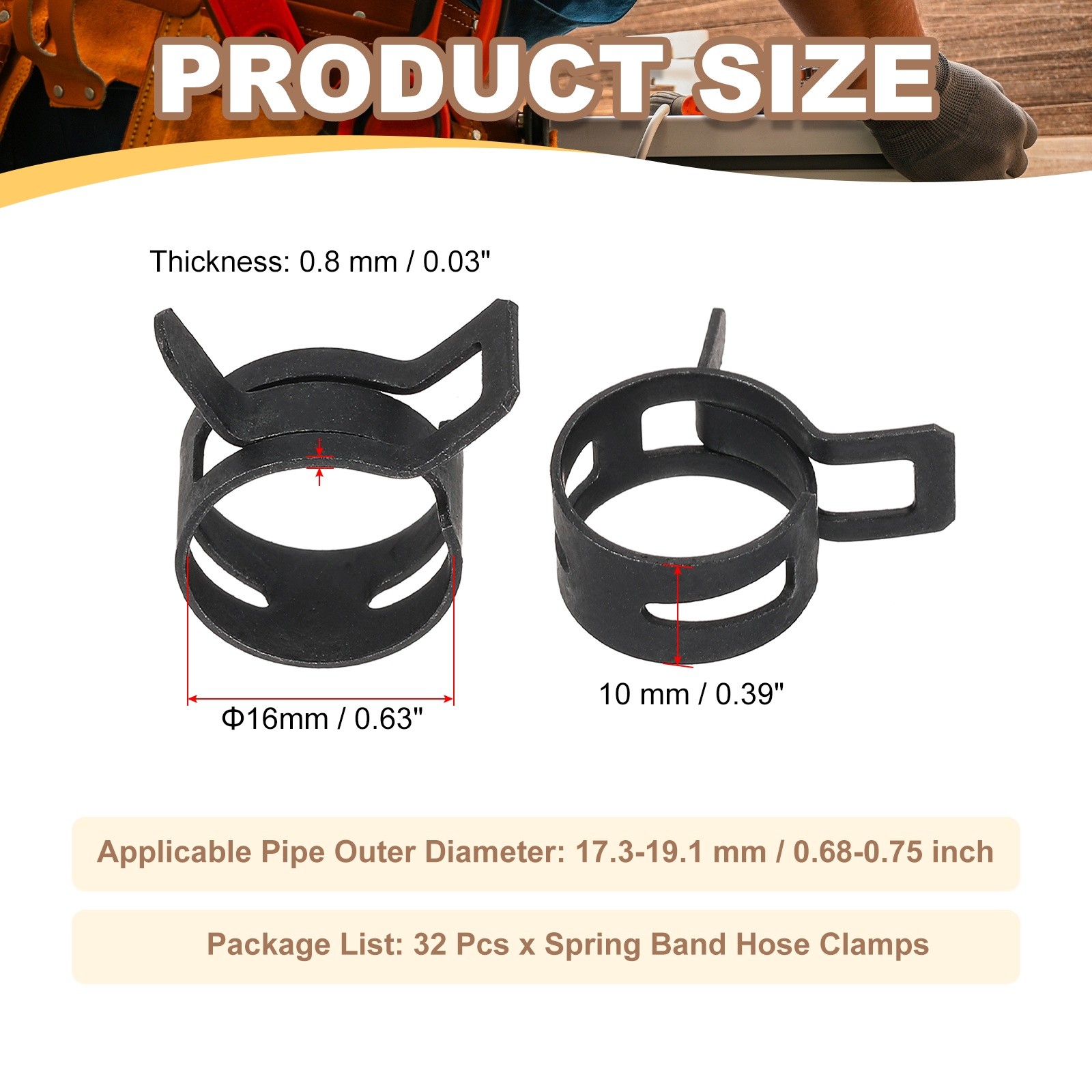32 Pcs Spring Band Hose Clamps for 17.3-19.1mm OD 0.6″(16mm) ID Black