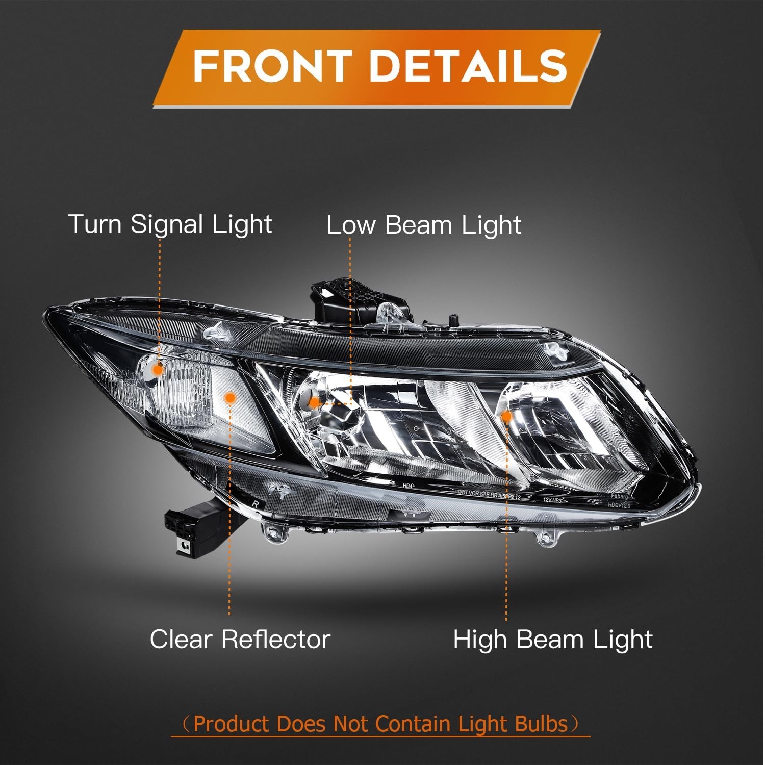 Headlight Assembly for Honda Civic 2012-2015 Clear Lens Black Housing Clear R…