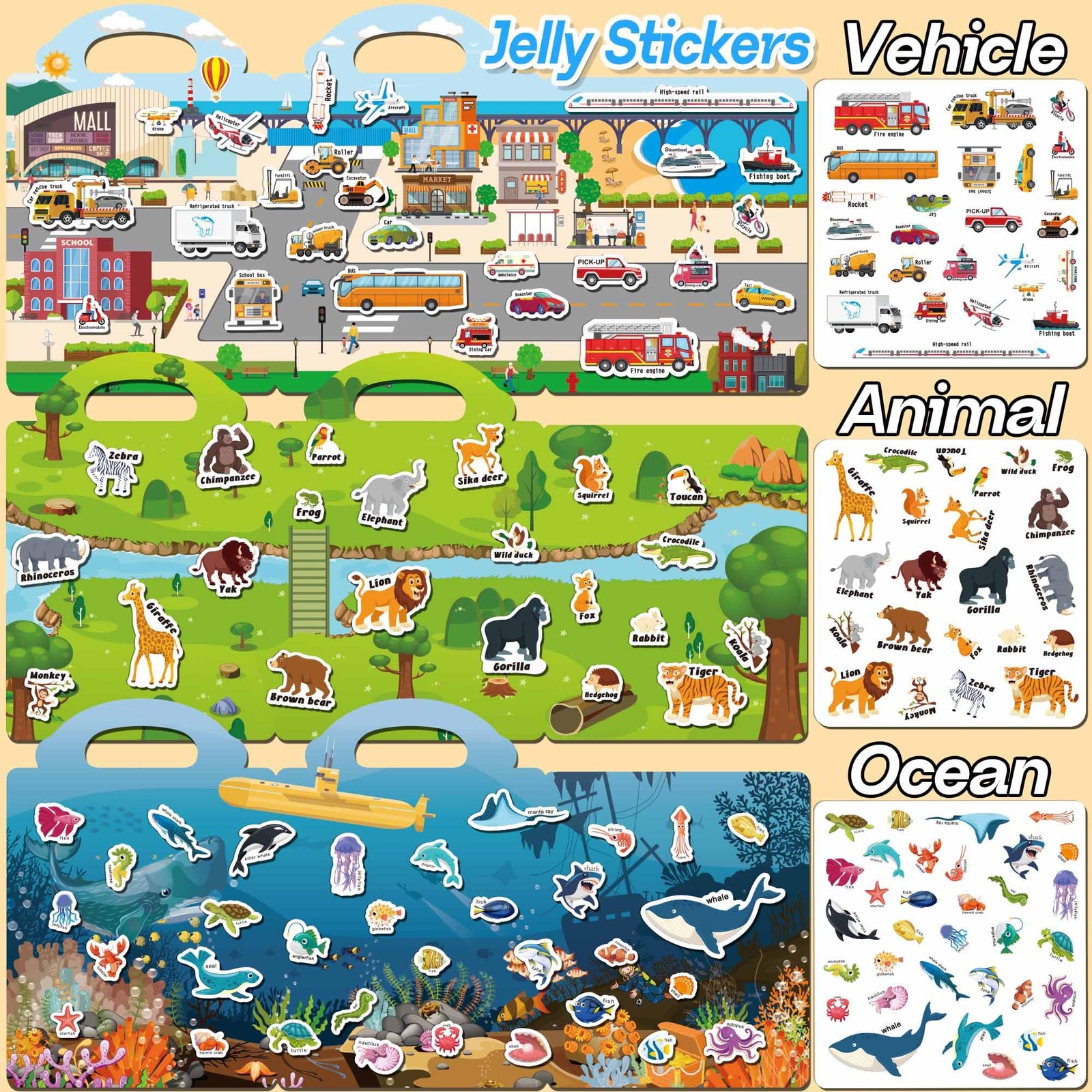 iGetooy 6 Sets Reusable Sticker Book for Toddlers 1-3, Jelly Sticker Books for T