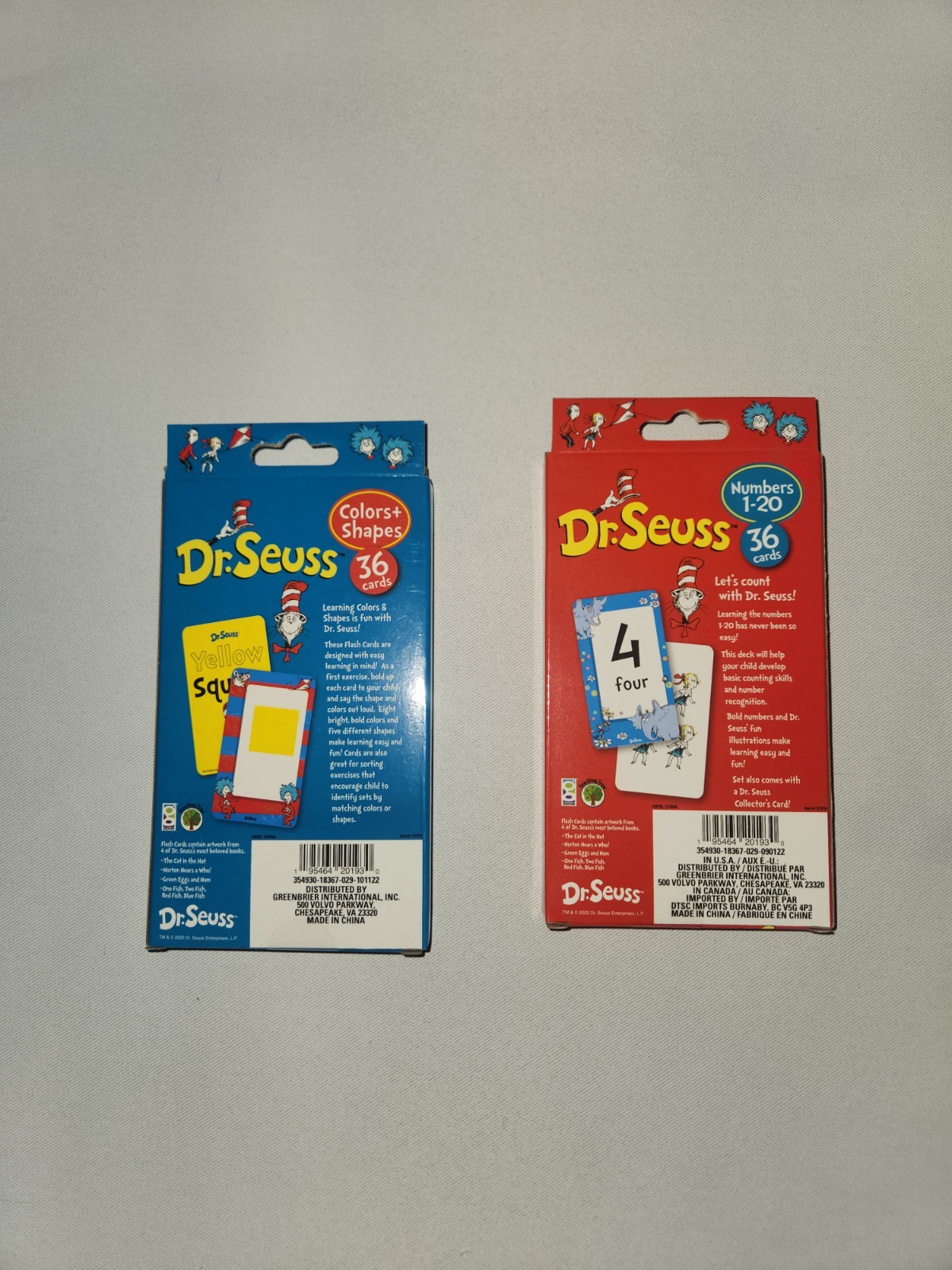 Dr. Seuss Colors And Shapes and Numbers 1-20 Kids Flash Cards 2 Boxes Both New