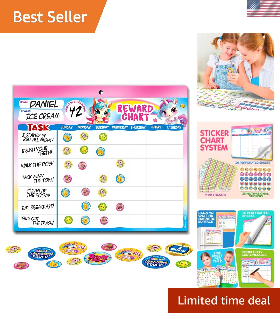 Magnetic Chore Chart Pad for Kids – 26 Unicorn Designs & 1400 Reward Stickers