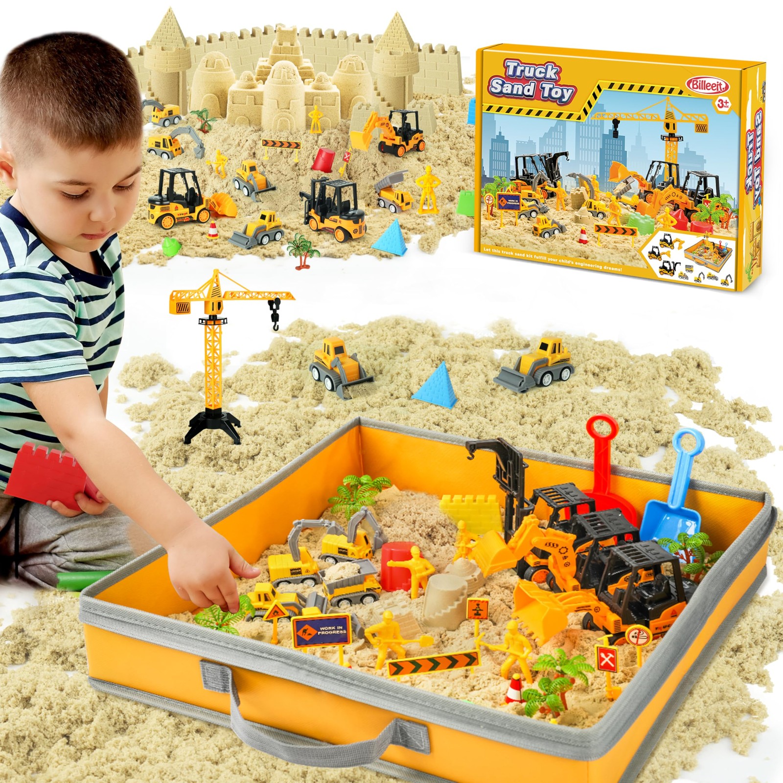 Billeeit Sand Construction Kit with Big Foldable Sandbox 15In X 15In, Yellow