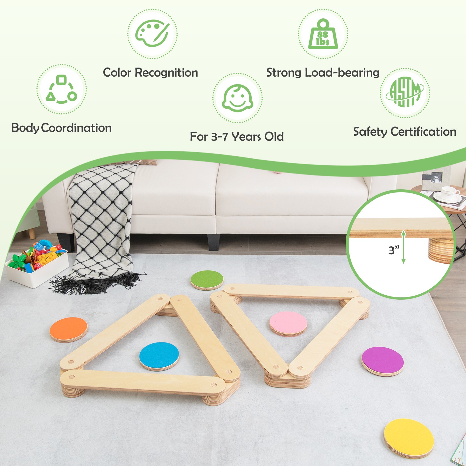 Kids Balance Beam & Stepping Stones Wooden Montessori Toy Gym Obstacle Course