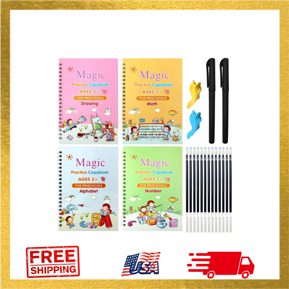 4 Pack Grooved Writing Books Magic Copy Handwriting Practice for Kids 3-5 Yrs