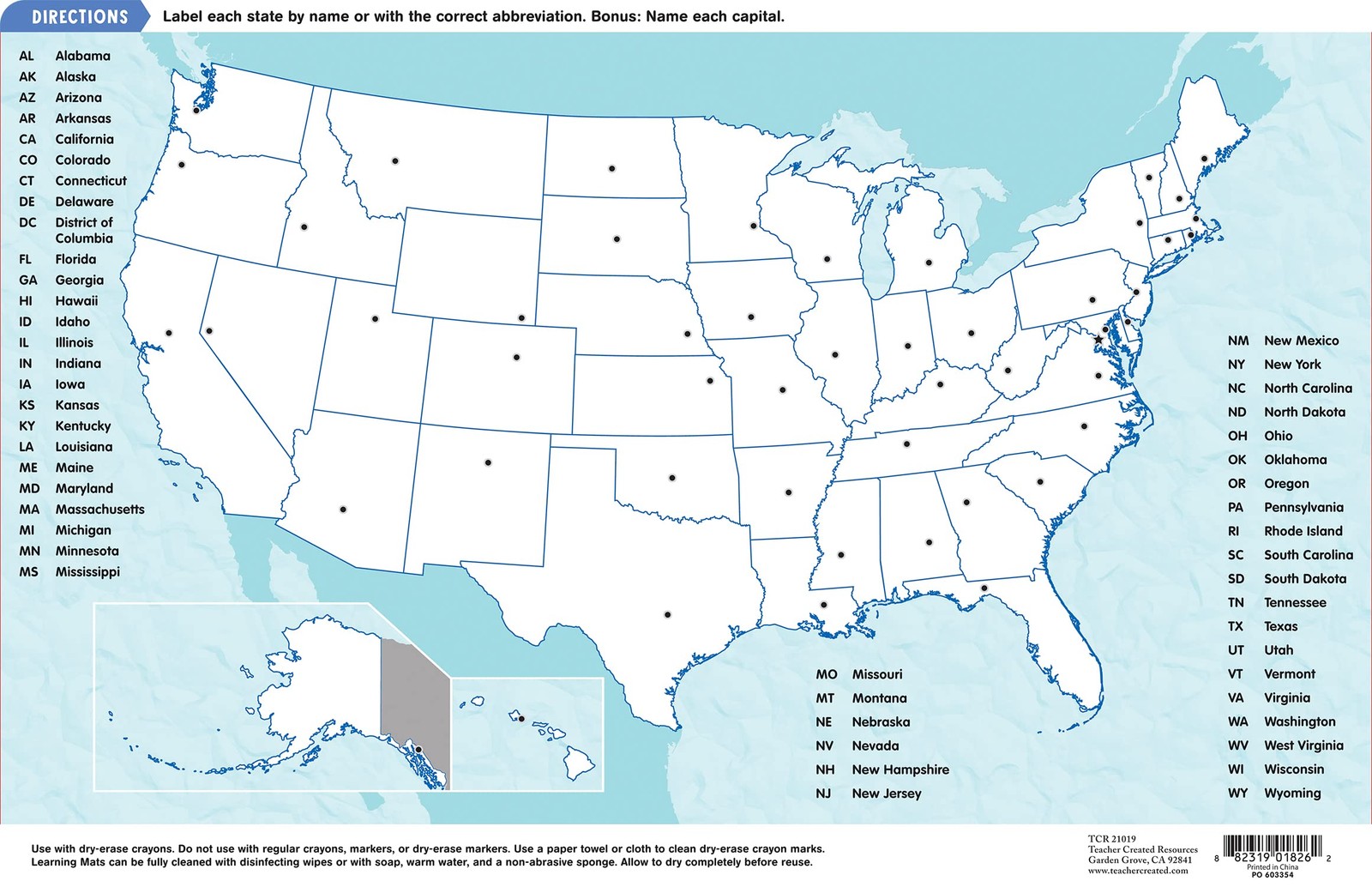Interactive Write On Wipe Off USA Map Learning Mat for Kids Ages 6 and Up