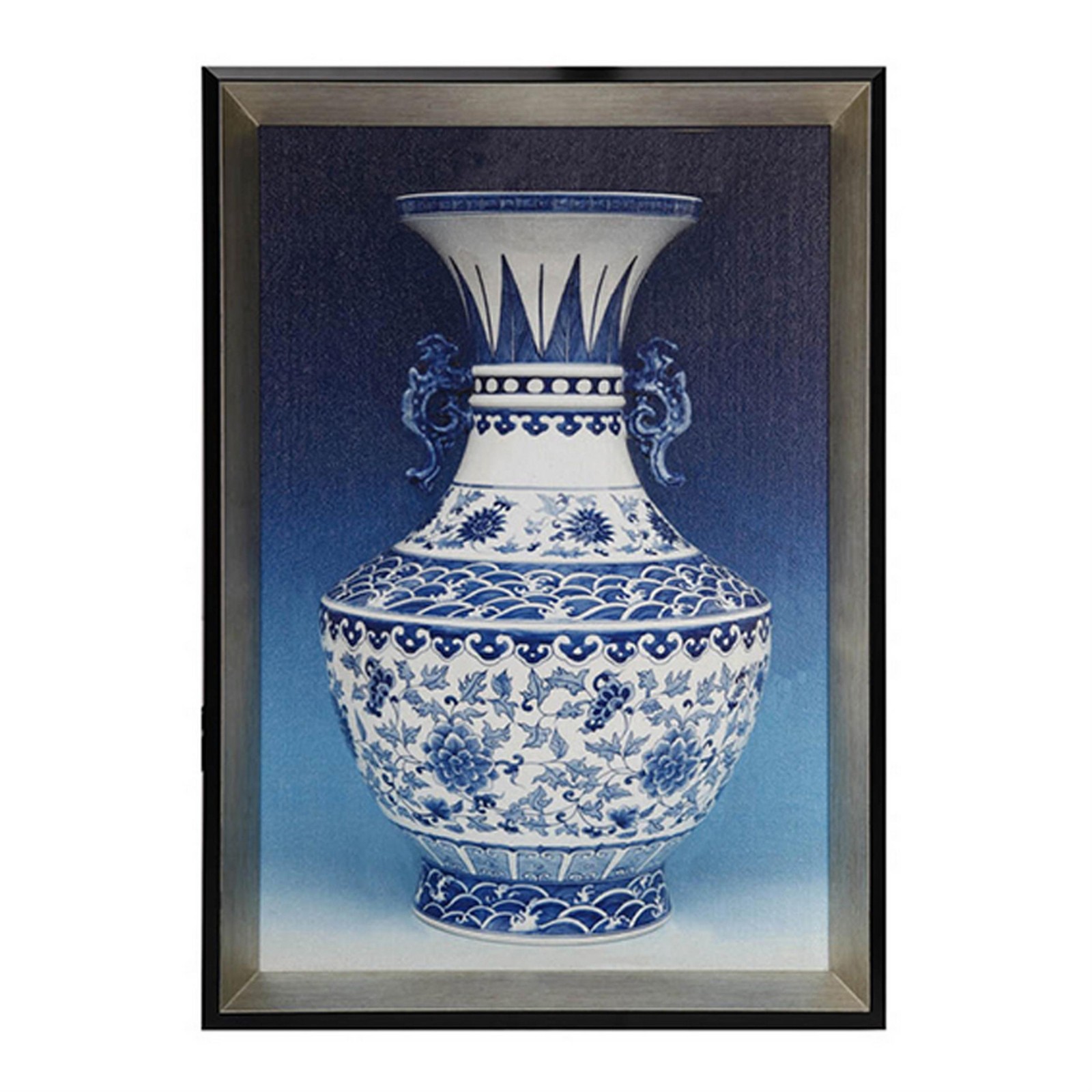 Benjara 14 x 20 Set of 2 Framed Wall Art Prints-Pot Design-Blue-White-& Black