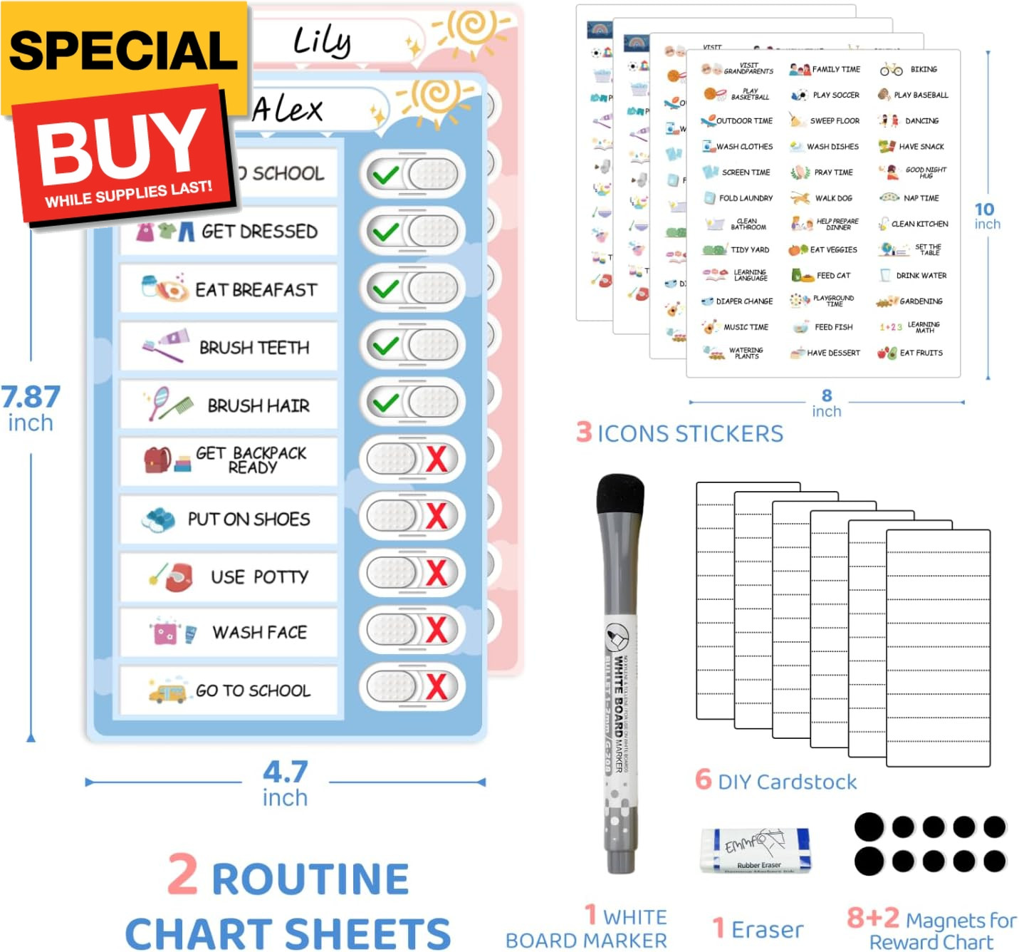 2 in 1 Namable Chore Chart for Kids, Dry Erase Morning/Bedtime Routine Chart for