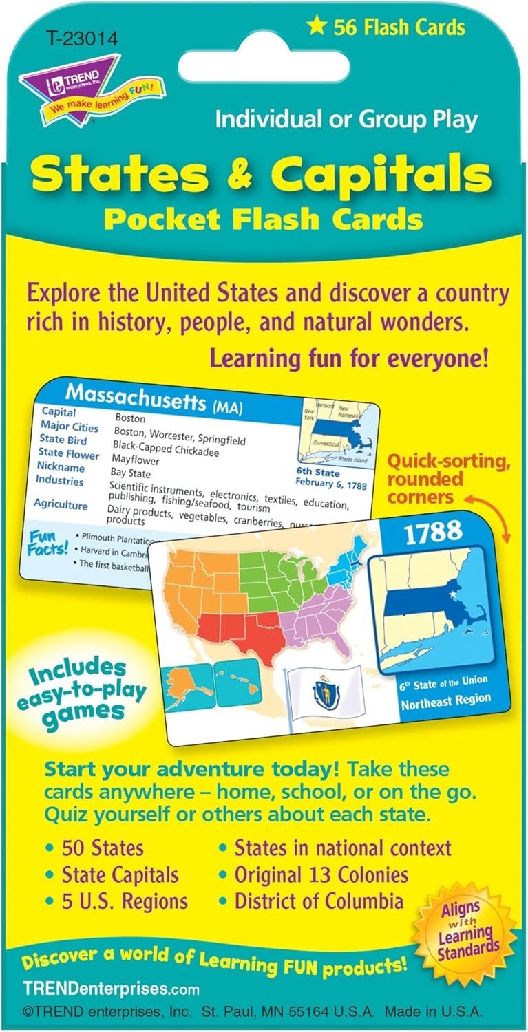 Educational States & Capitals Flash Cards – 56 Two-Sided Cards for School & Home