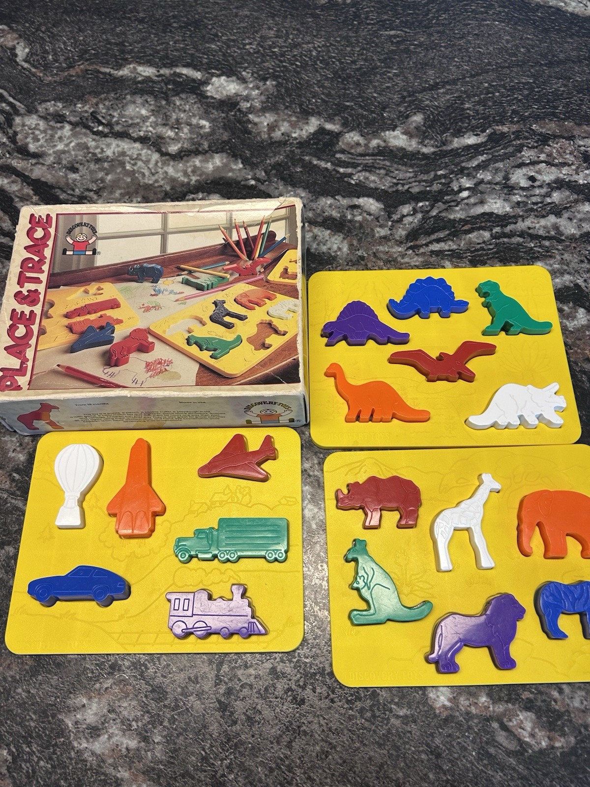 Discovery Toys Place & Trace Puzzle Dinosaur-Zoo-Transportation Stencils 1984