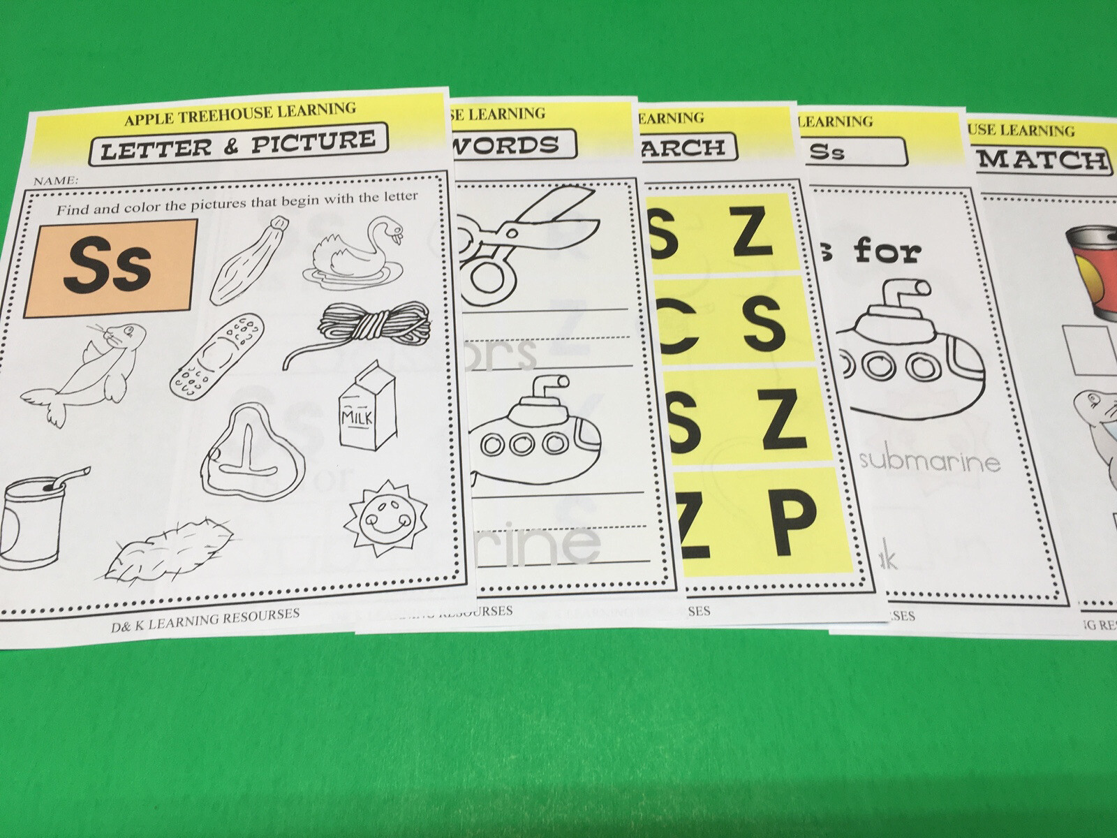 Letter Ss – Apple Treehouse Worksheets – Preschool Teaching supplies 20pgs