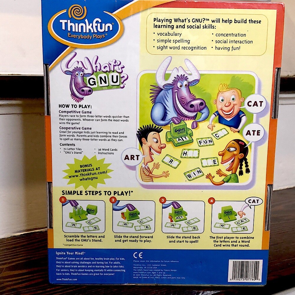 THINKFUN WHAT’S GNU? The 3-Letter Award Winning Learning Game Ages 5+ NWT