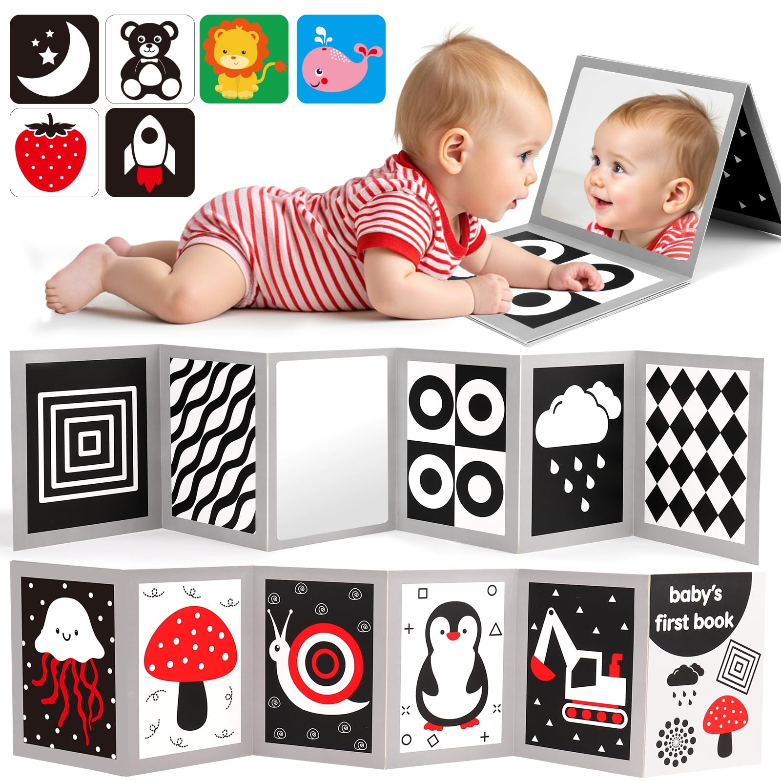 Black and White High Contrast Baby Books Flash Cards Tummy Time Mirror Toys N…